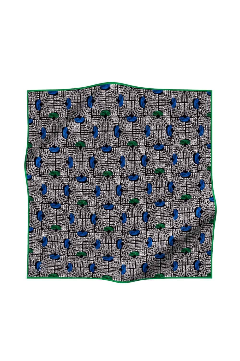 %100 Twill İpek Geometrik Desenli Saks - Zümrüt Yeşili Renkli 90x90 Eşarp Dikim Şekli : El Dikişi