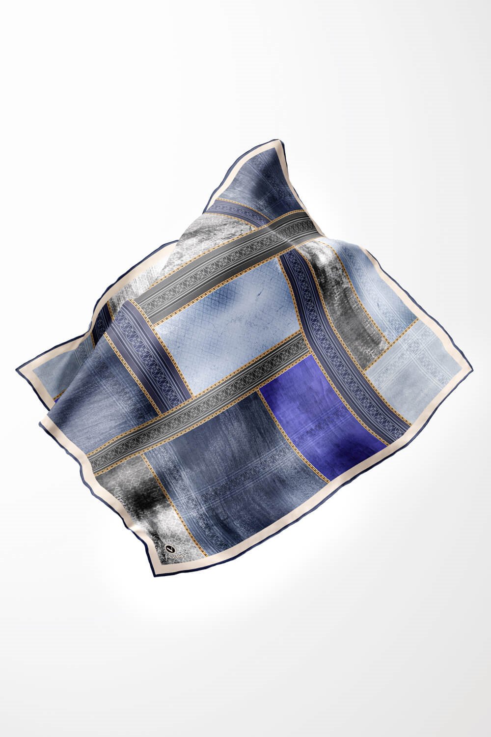 Twill Dokulu Ve Geometrik Desenli Saks Renkli 90x90 Eşarp (İpek İçermez) Dikim Şekli : El Dikişi