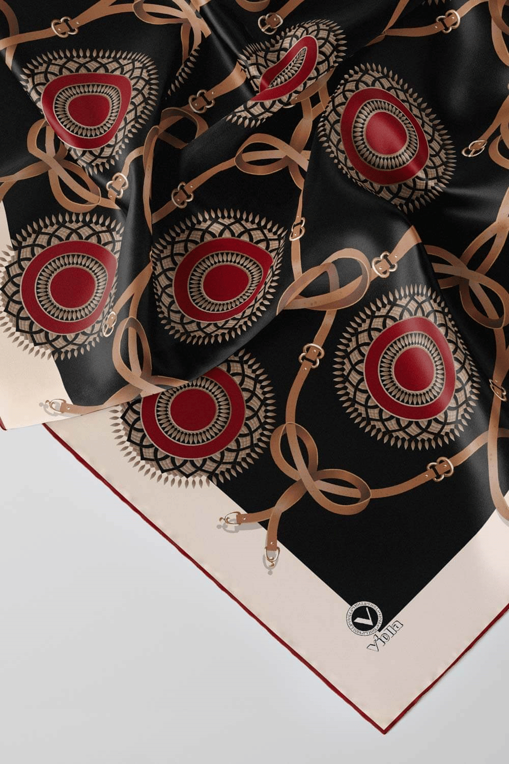 Twill Kemerli Ve Geometrik Desenli Bordo Renkli 90x90 Eşarp (İpek İçermez) Kenar Dikiş Şekli El Dikişli