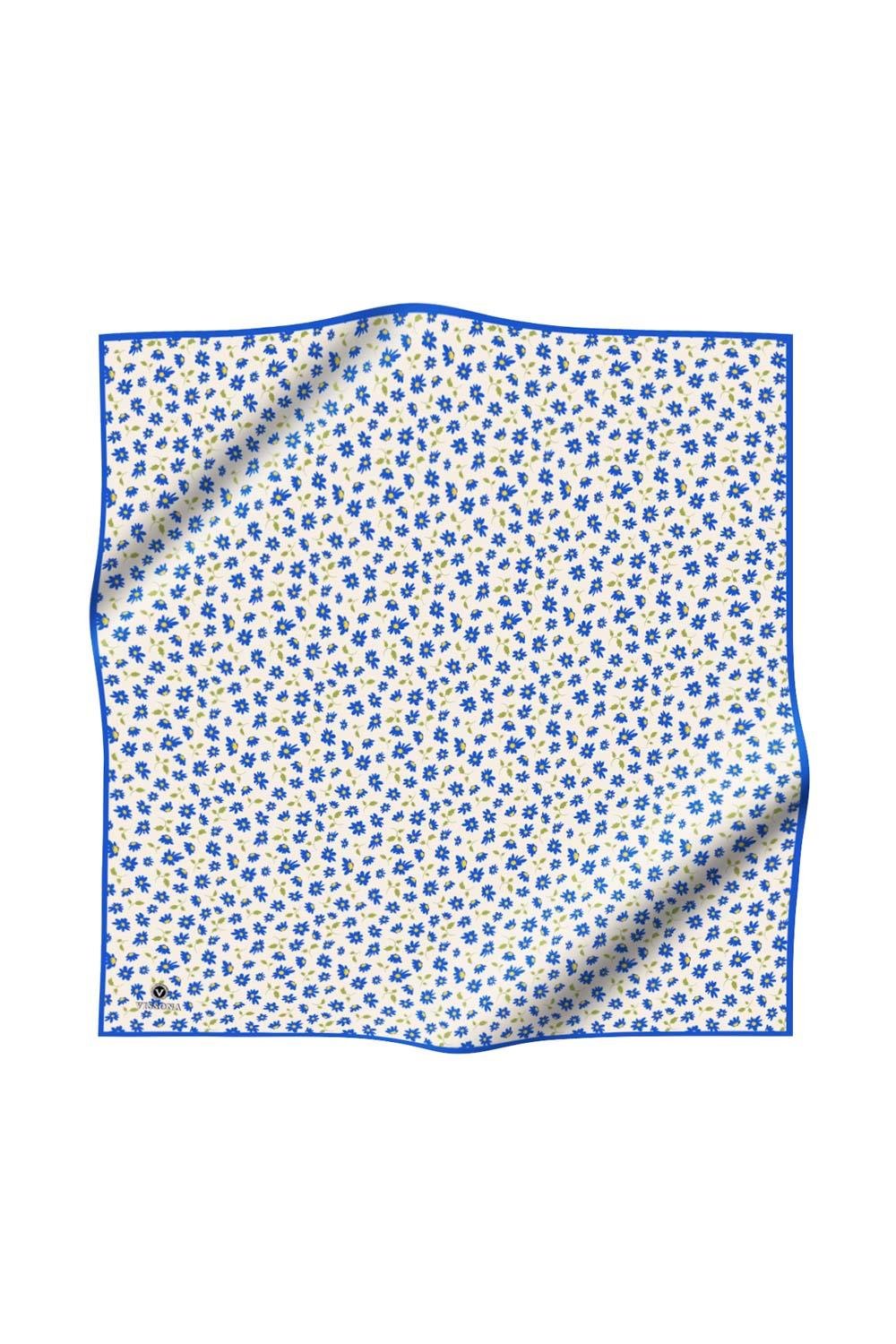 %100 Twill İpek Papatya Desenli Krem - Saks Renkli 90x90 Eşarp Dikim Şekli : El Dikişi