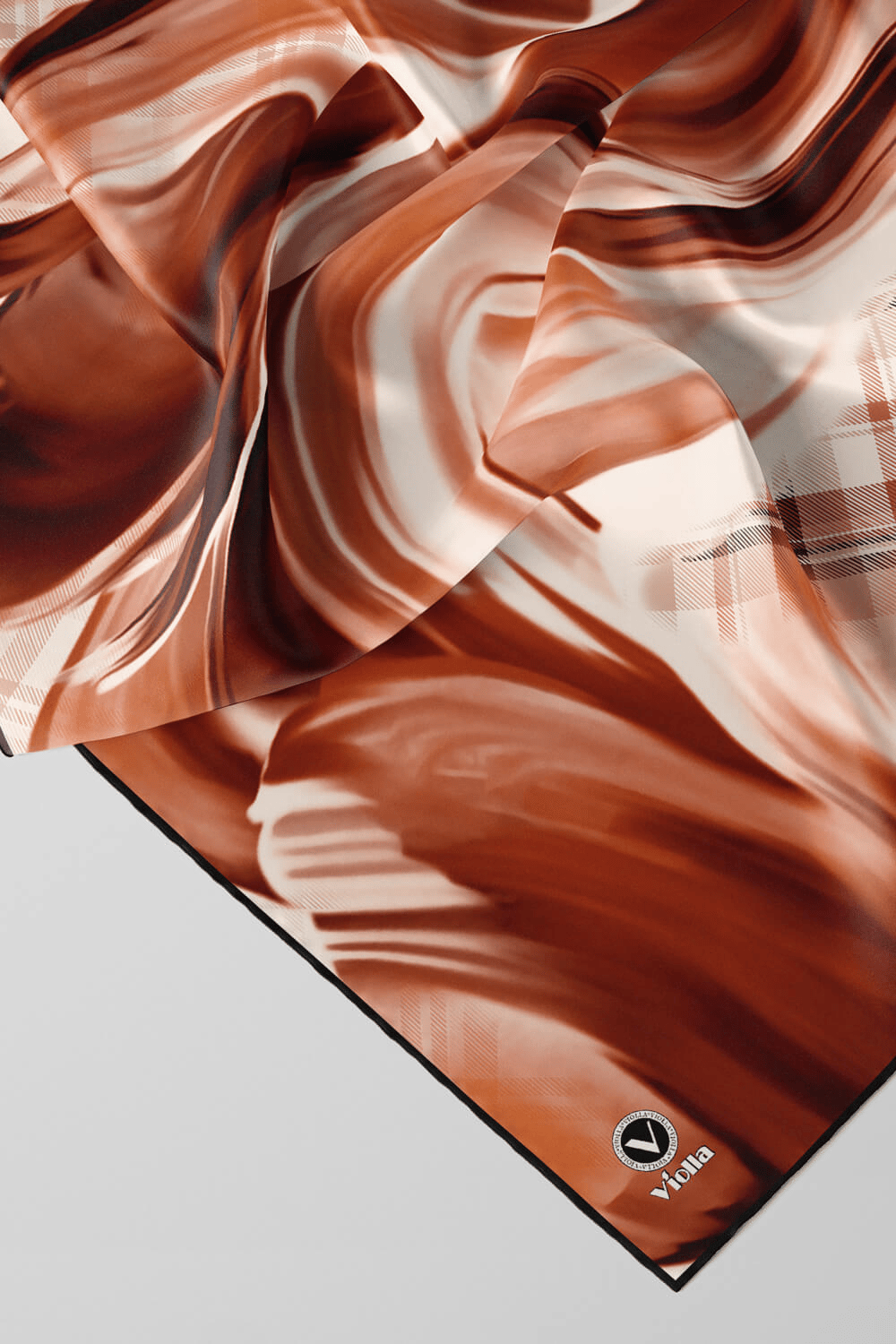 Twill Dalga ve Ekose Desenli Taba Renkli 90x90 Eşarp (İpek İçermez)Kenar Dikiş Şekli El Dikişli