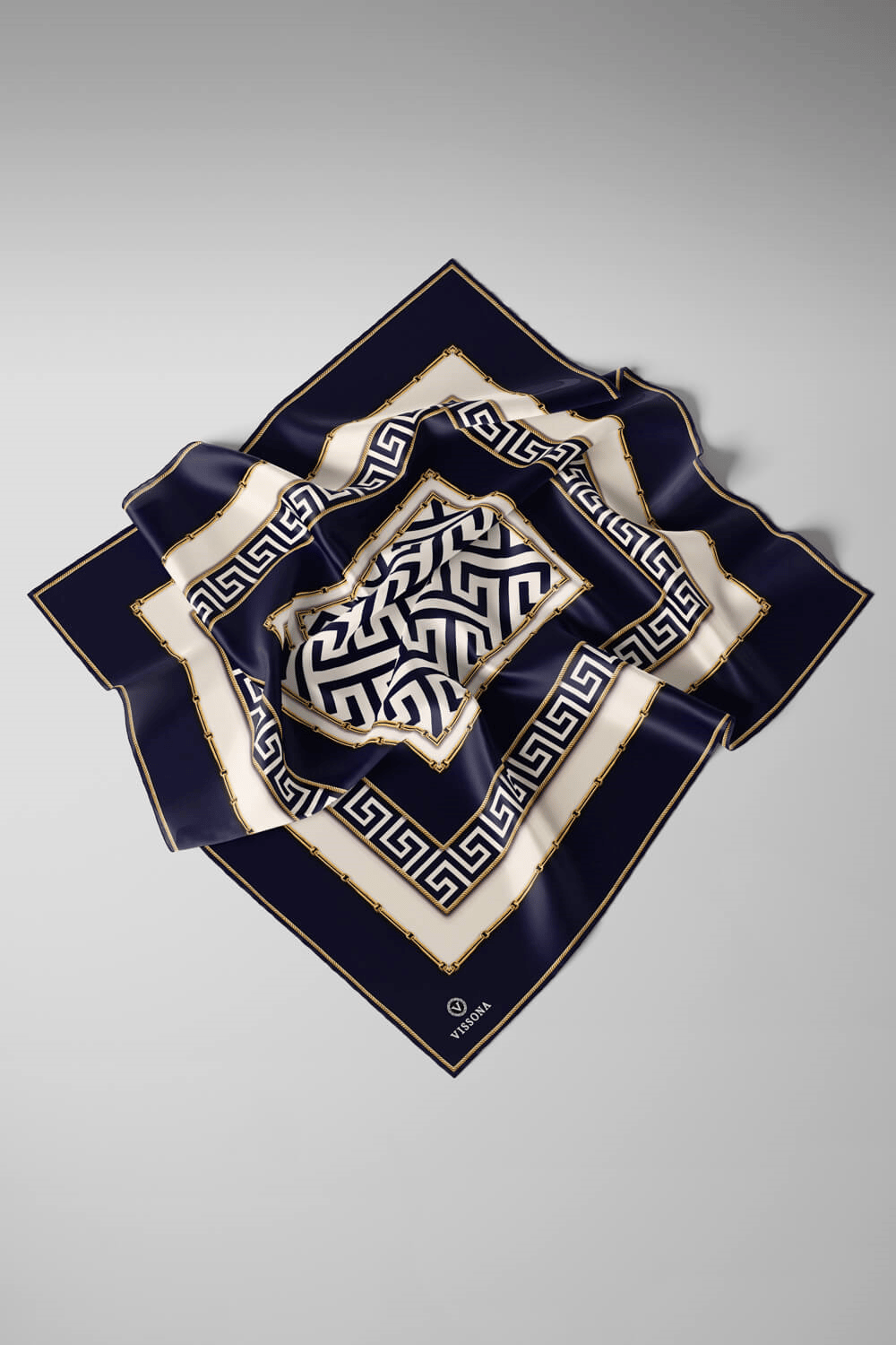 %100 Twill İpek Labirent Ve Geometrik Desenli Lacivert - Krem Renkli 90x90 Eşarp Dikim Şekli : El Dikişi