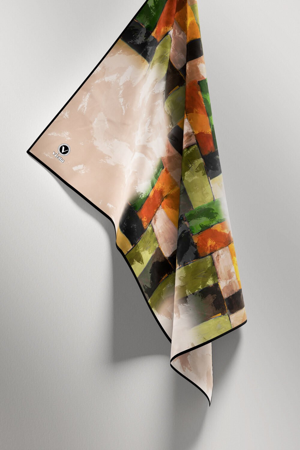 Twill Yağlı Boya Desenli Haki Renkli 90x90 Eşarp (İpek İçermez) Kenar Dikiş Şekli El Dikişli