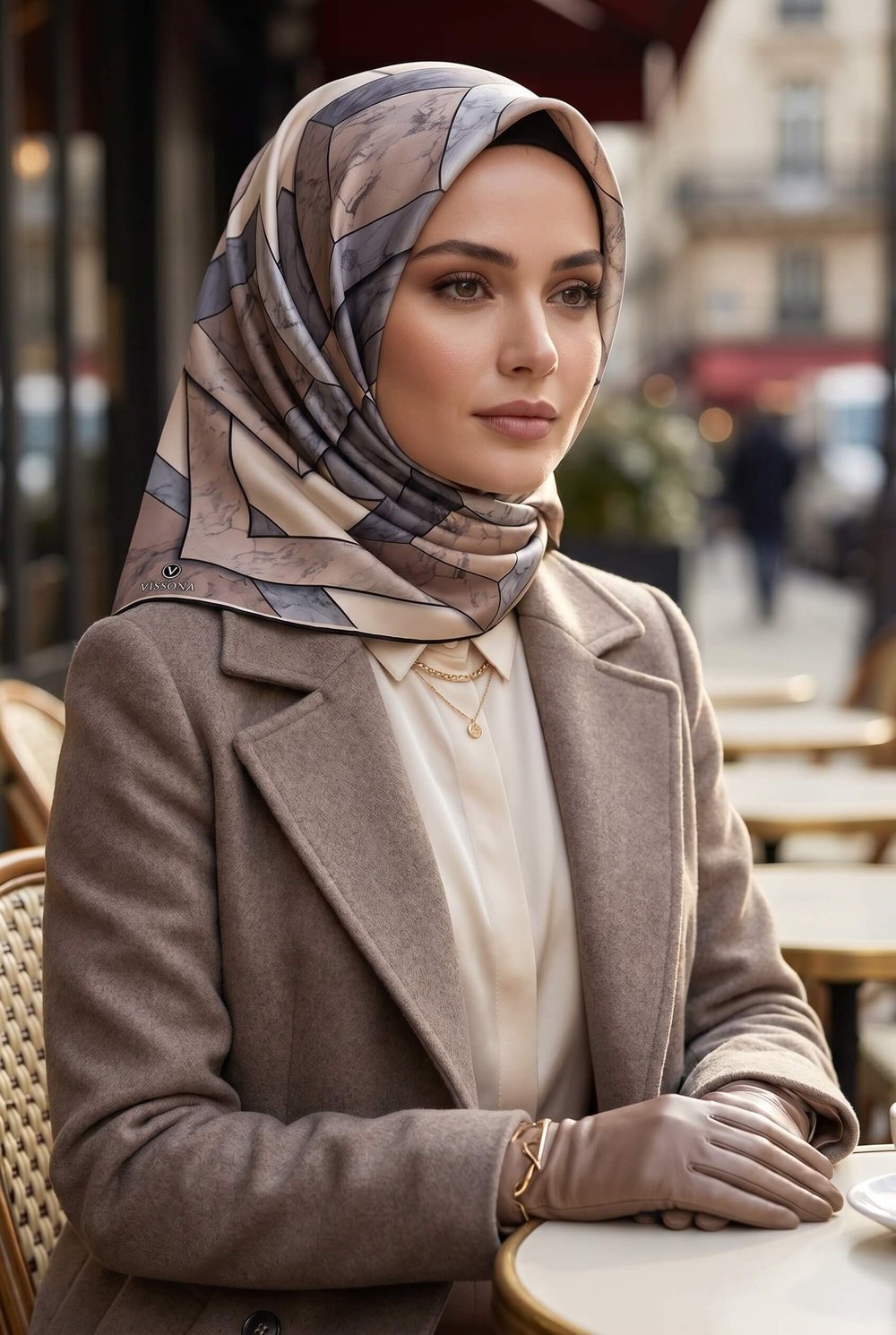 %100 Twill İpek Mermer Desenli Bej - Gri Renkli 90x90 Eşarp Dikim Şekli : El Dikişi
