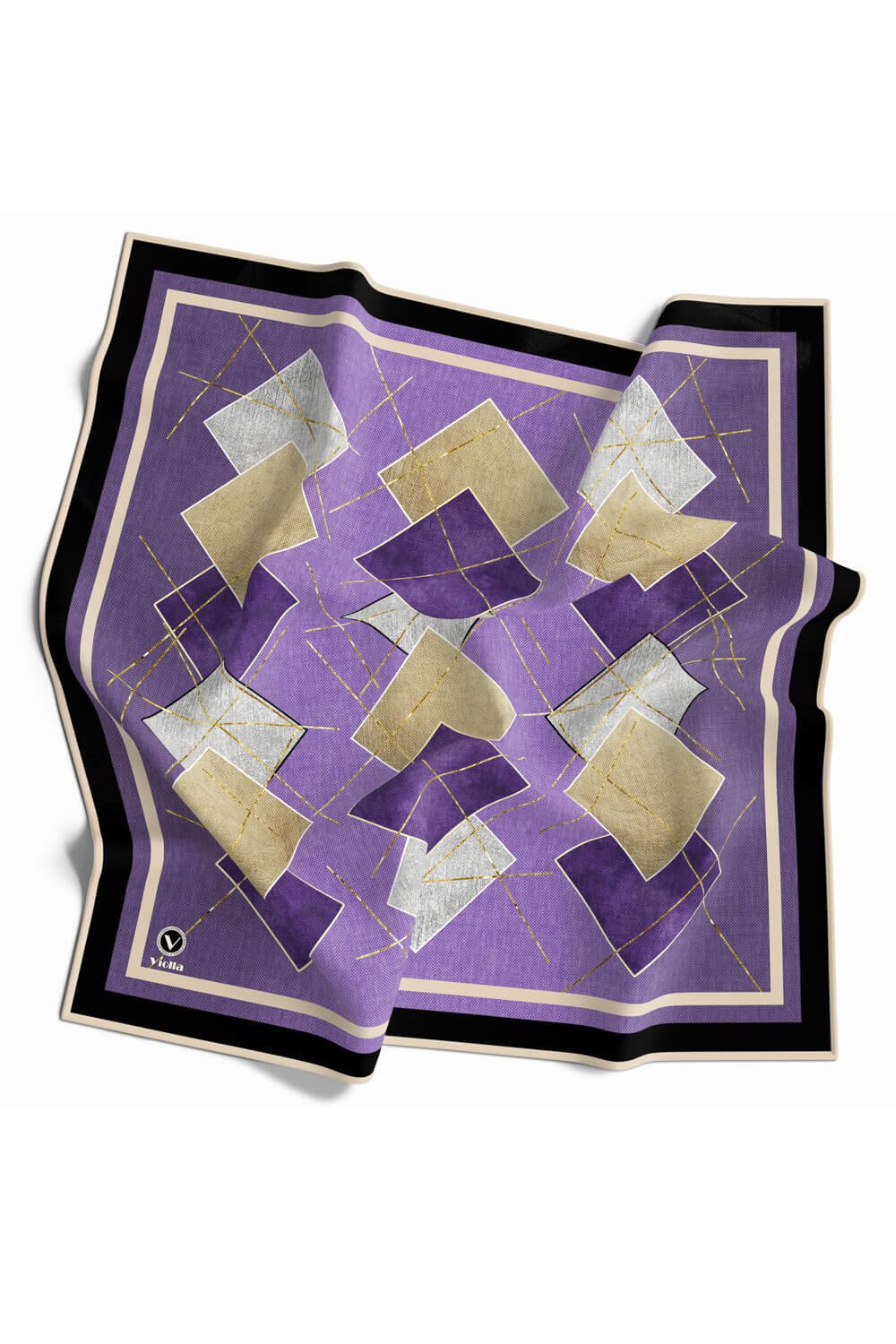 Twill Geometrik Desenli Lila Renkli 90x90 Eşarp (İpek İçermez) Kenar Dikiş Şekli El Dikişli