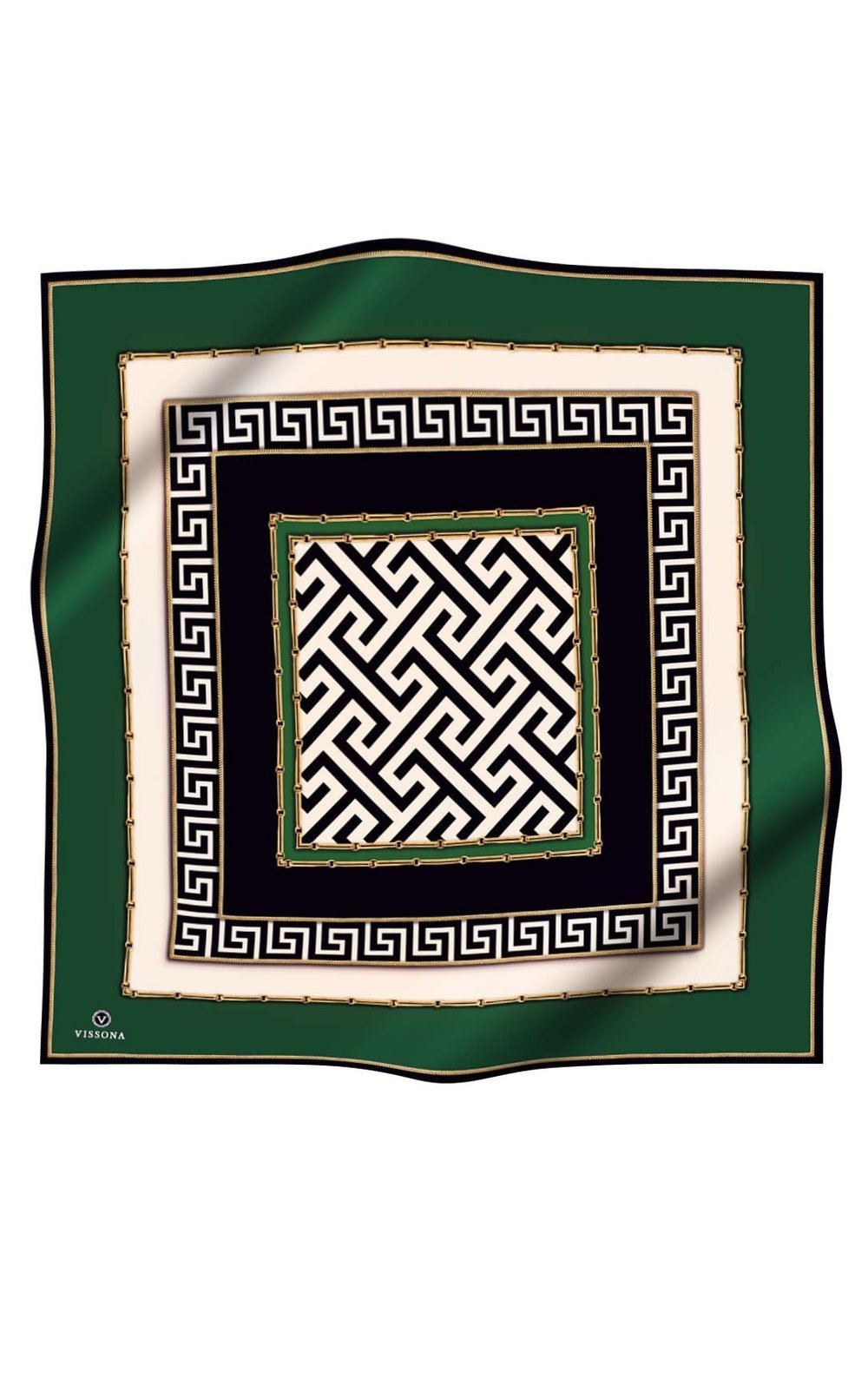 % 57 İPEK % 43 VİSKON Twill İpek Labirent Ve Geometrik Desenli Zümrüt Yeşili - Siyah Renkli 90x90 Eşarp Dikim Şekli : El Dikişi