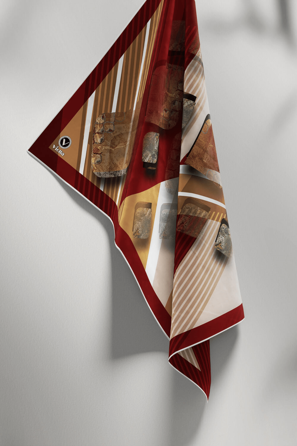 Twill Çizgili ve Geometrik Desenli Bordo Renkli 90x90 Eşarp (İpek İçermez) Kenar Dikiş Şekli El Dikişli