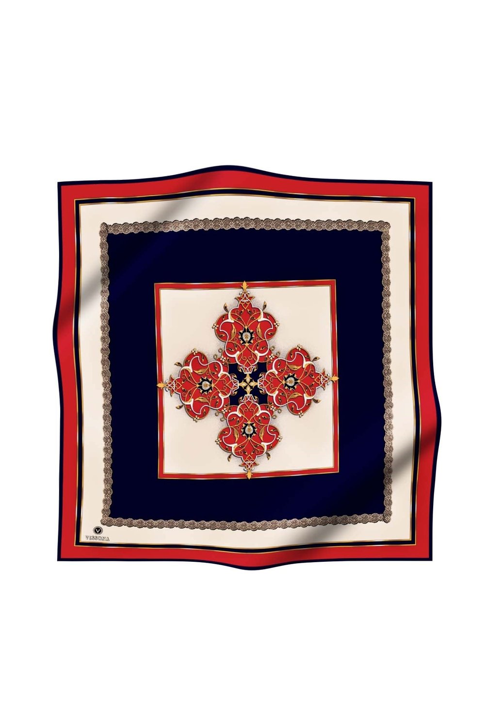%100 Twill Barok Desenli Kırmızı - Lacivert Renkli 90x90 Eşarp Dikim Şekli: El Dikişi