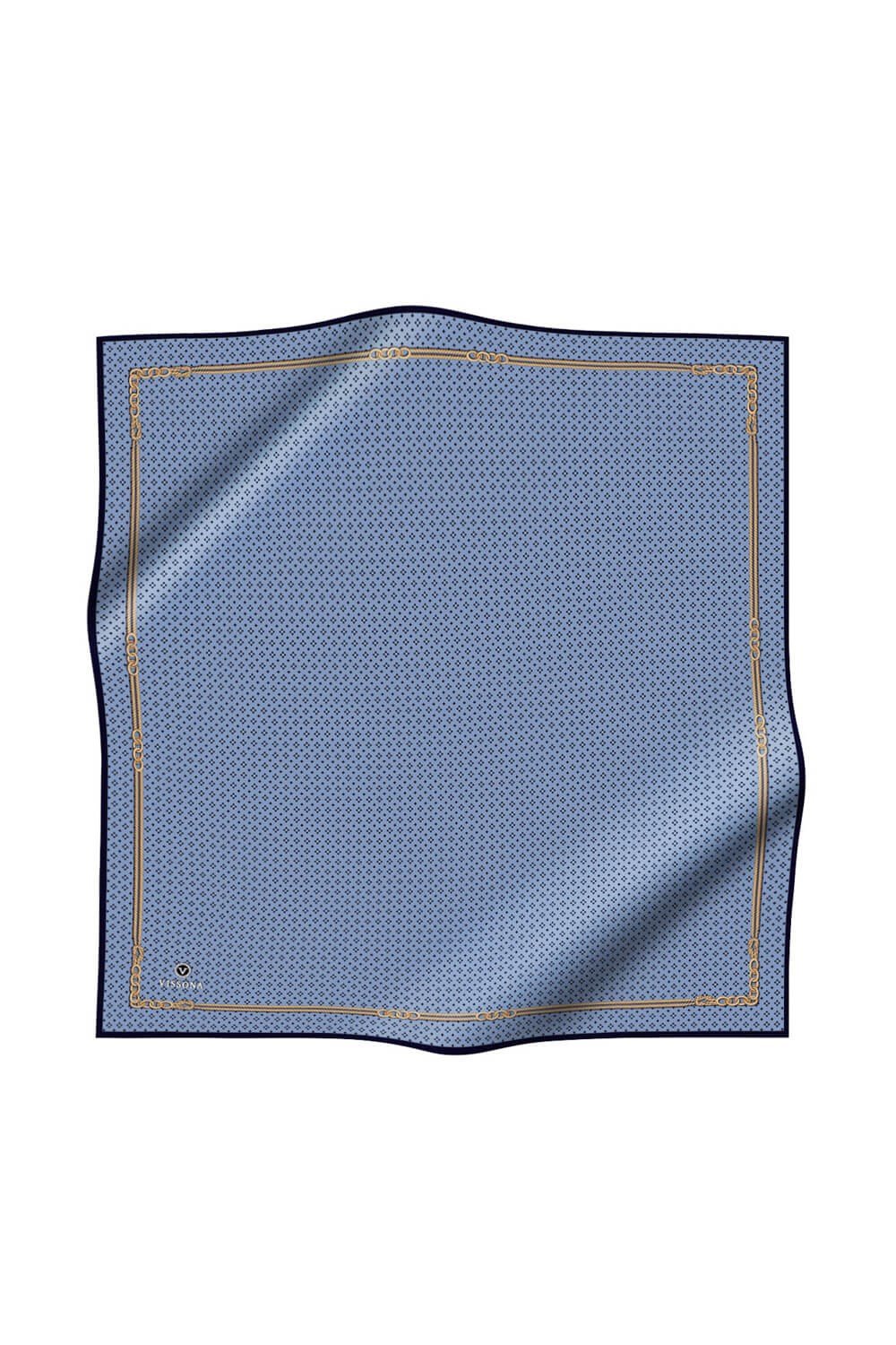 %57 İPEK %43 VİSKON Twill İpek Zincir Desenli Bebe Mavisi - Siyah Renkli 90x90 Eşarp Dikim Şekli : El Dikişi