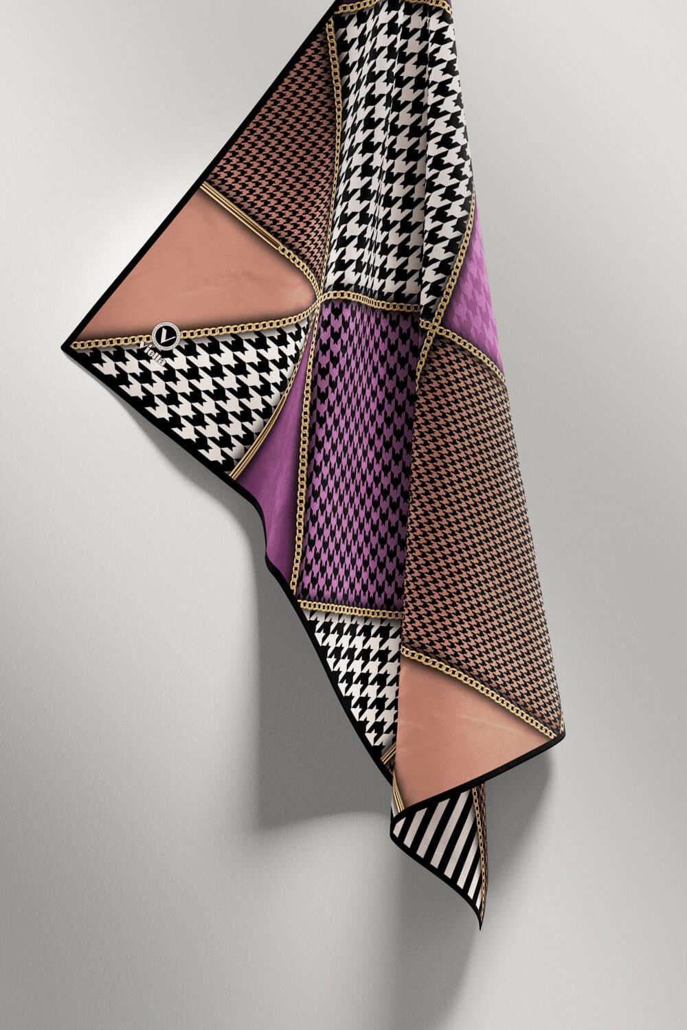 Twil Geometrik Ve Kazayak Desenli Lila - Somon Renkli 90x90 Eşarp (İpek İçermez) Dikim Şekli : El Dikişi