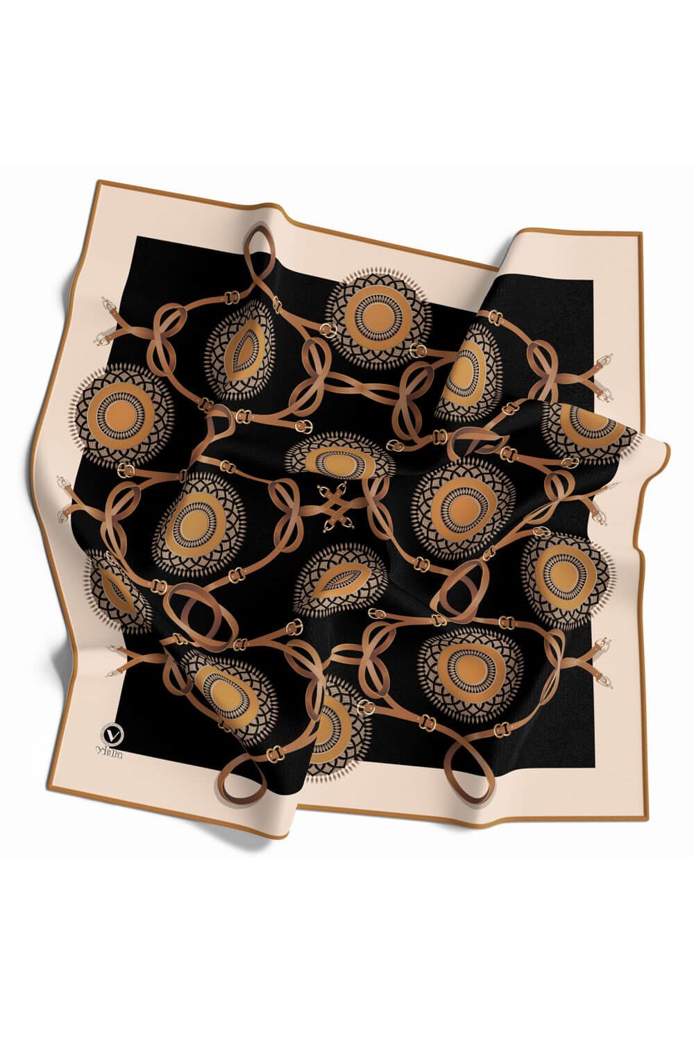 Twill Kemerli Ve Geometrik Desenli Hardal Renkli 90x90 Eşarp (İpek İçermez) Kenar Dikiş Şekli El Dikişli