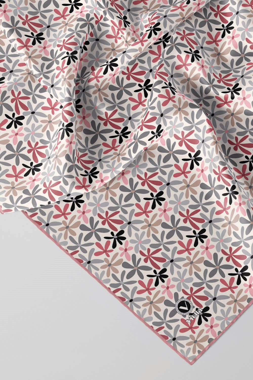 Twill Renkli Çiçek Desenli Pudra Renkli 90x90 Eşarp (İpek İçermez) Kenar Dikiş Şekli El Dikişli