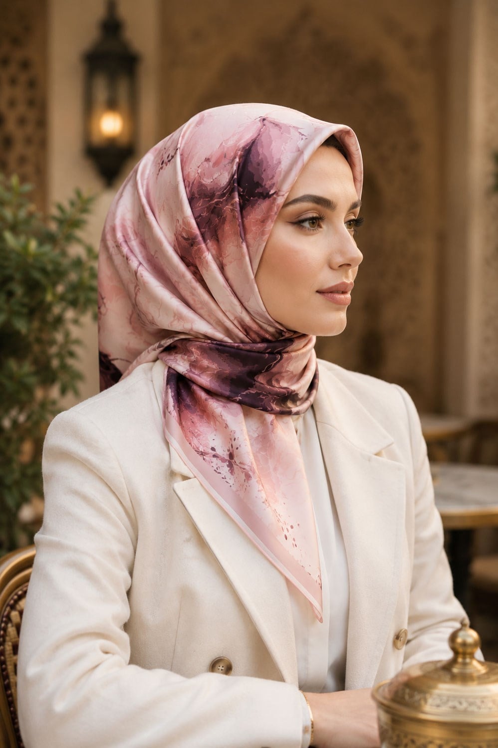 %100 Twill İpek Çiçekli Sulu Boya Dalga Desenli Pudra - Gül Kurusu Renkli 90x90 Eşarp Dikim Şekli : El Dikişi