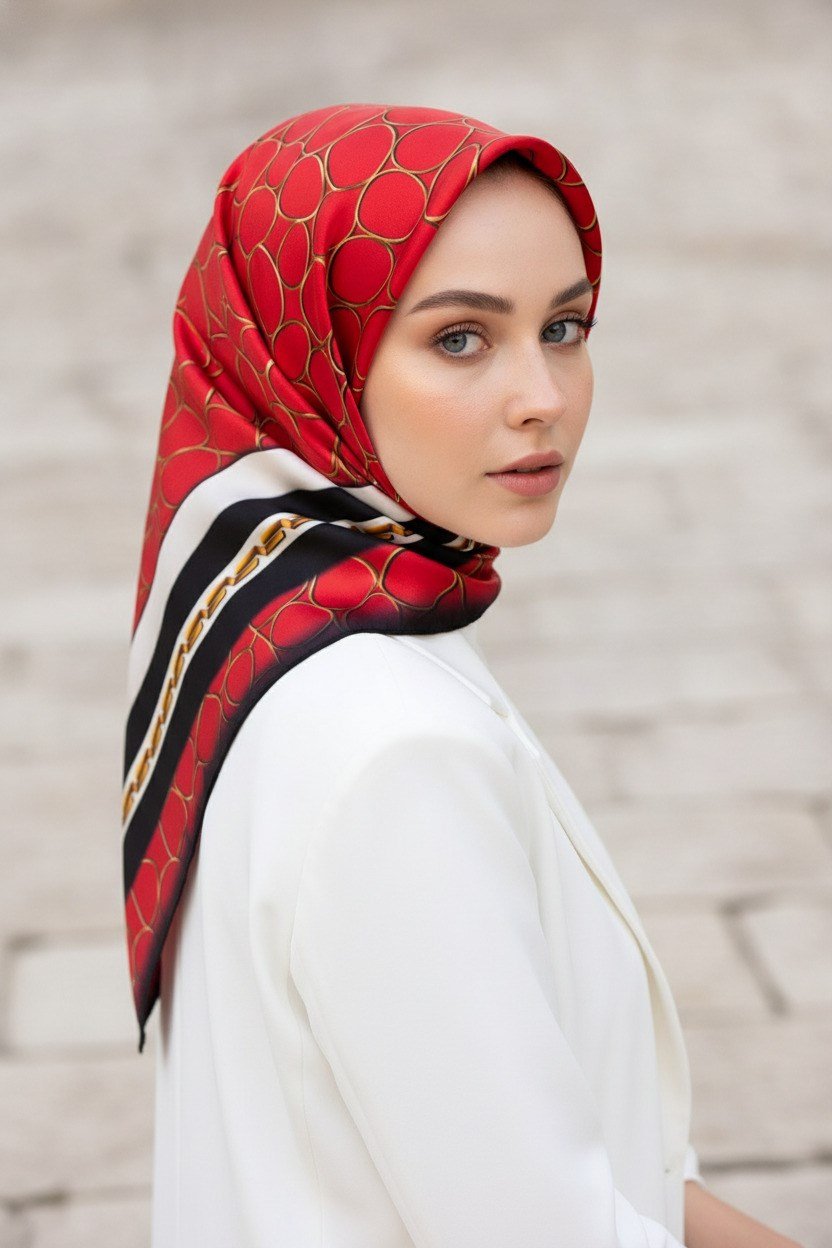 %100 Twill İpek Zincir Desenli Kırmızı - Siyah Renkli 90x90 Eşarp Kenar Dikiş Şekli El Dikişli