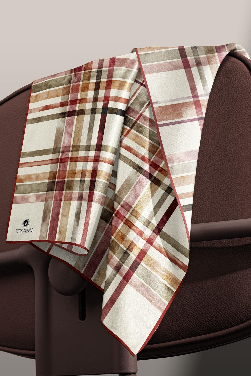 %100 Twill İpek Ekose Desenli Bordo - Haki Renkli 90x90 Eşarp Kenar Dikiş Şekli El Dikişli