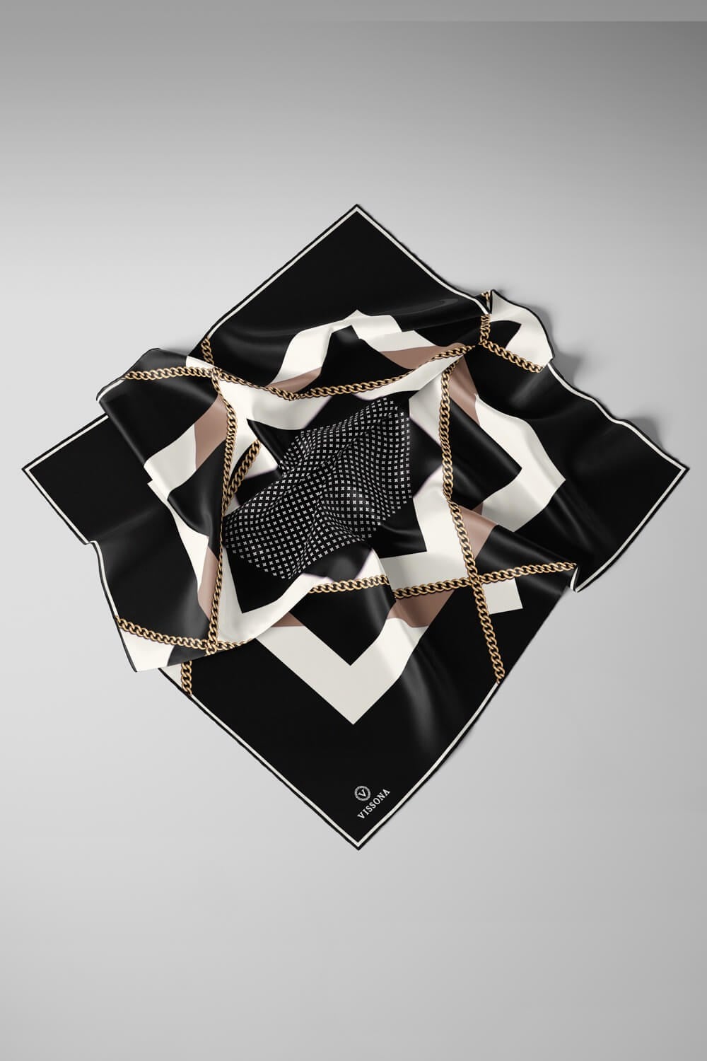 %100 Twill İpek Geometrik Desenli Siyah - Krem Renkli 90x90 Eşarp Dikim Şekli : El Dikişi