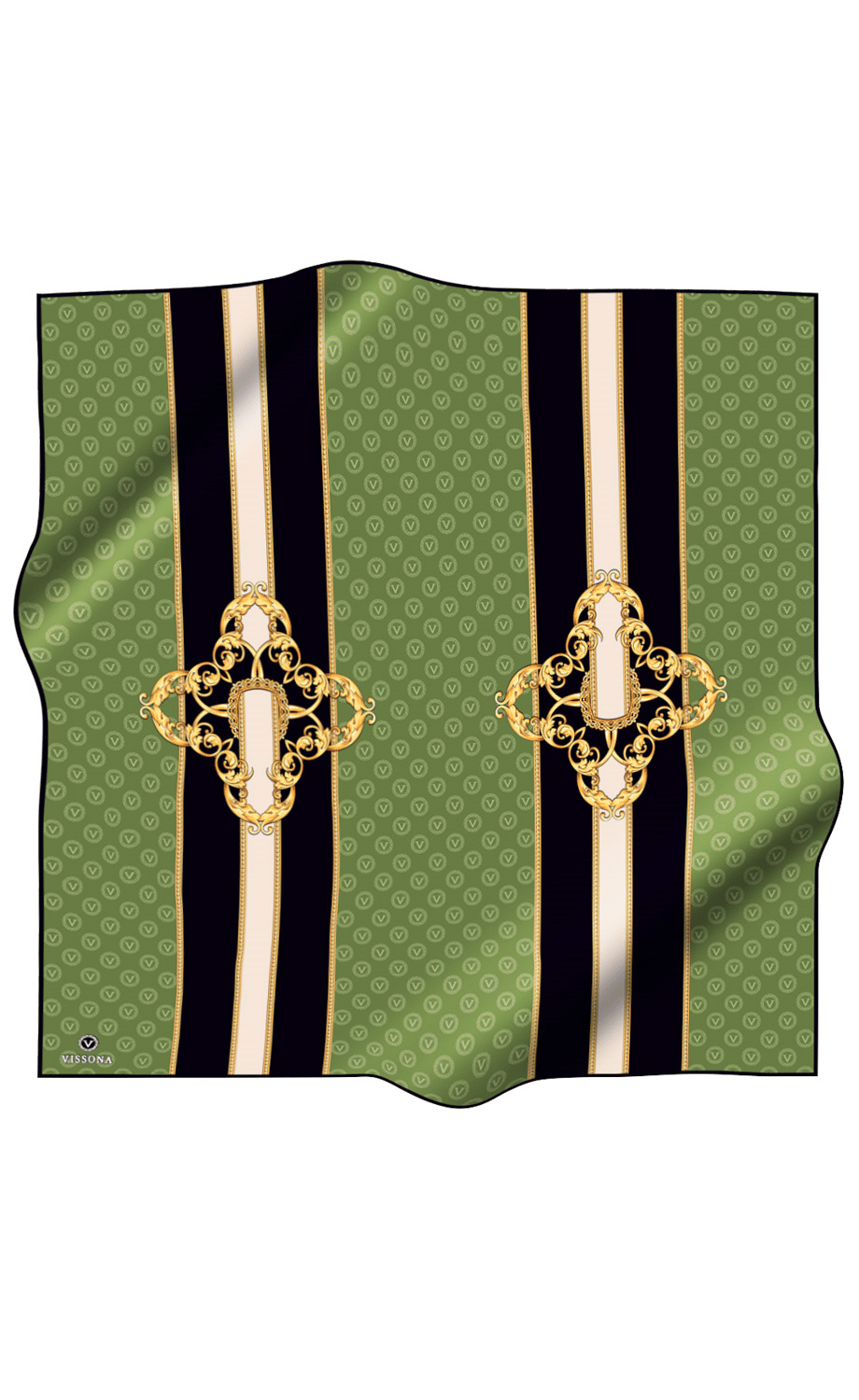 %100 Twill İpek Monogramlı Ve Barok Desenli Haki - Siyah Renkli 90x90 Eşarp Dikim Şekli : El Dikişi