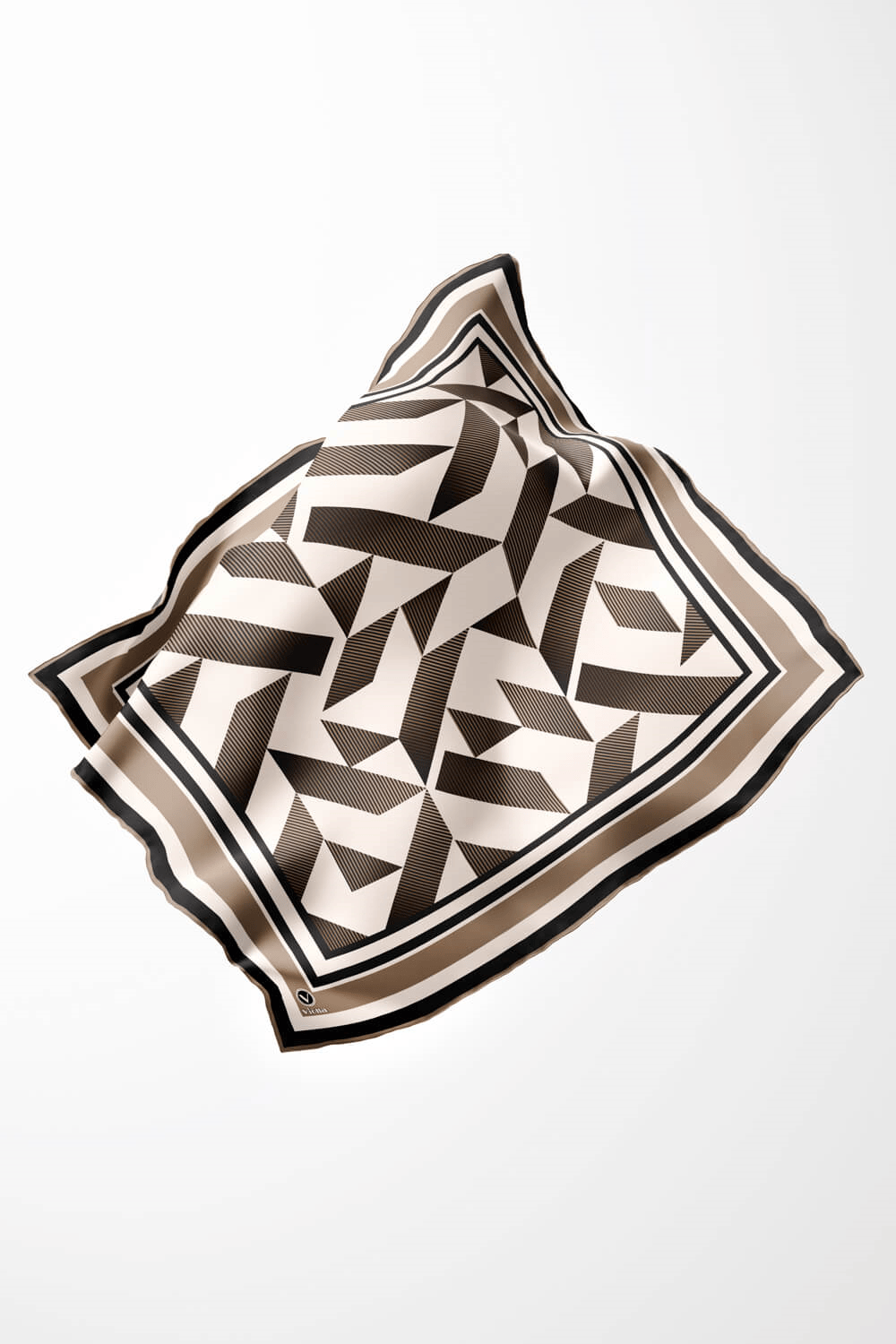 Twill Geometrik Desenli Bej Renkli 90x90 Eşarp (İpek İçermez) Kenar Dikiş Şekli El Dikişli