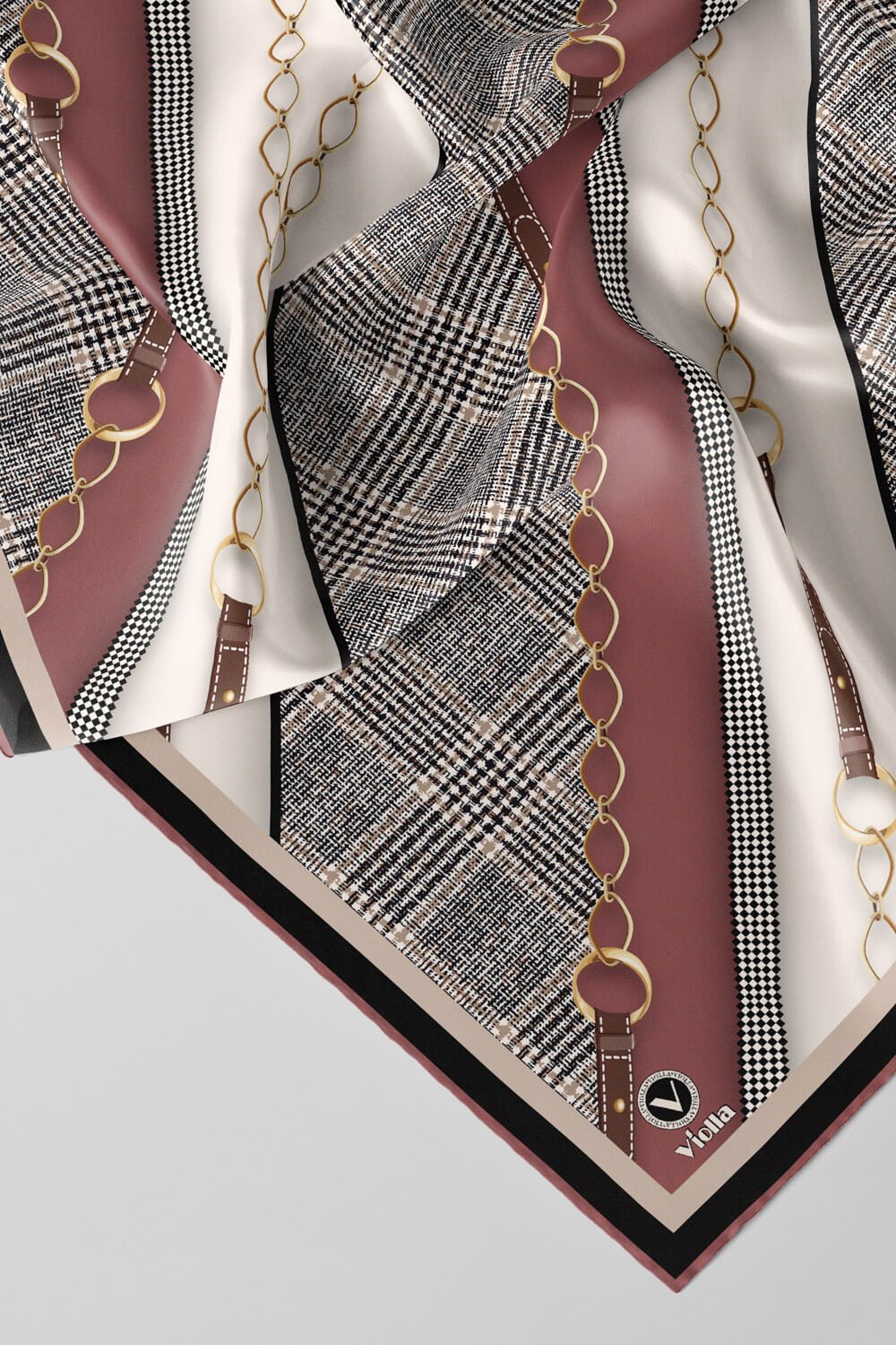 Twill Kemer Desenli Pudra Renkli 90x90 Eşarp (İpek İçermez) Kenar Dikiş Şekli El Dikişli