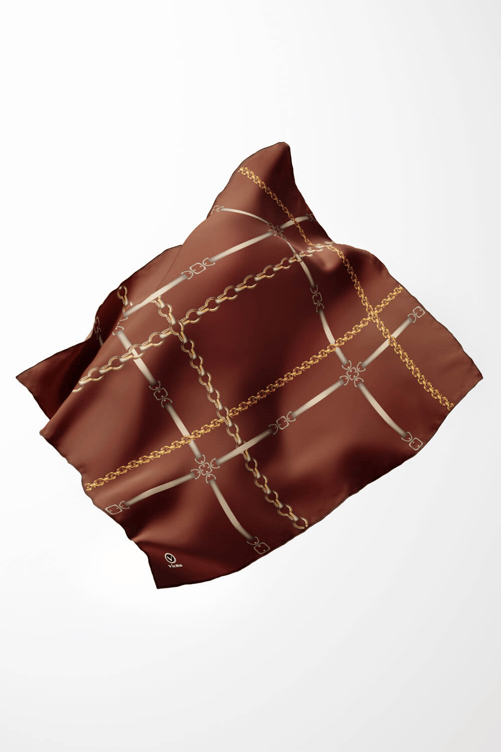 Twill Zincir ve Kemer Desenli Taba Renkli 90x90 Eşarp (İpek İçermez) Kenar Dikiş Şekli El Dikişli