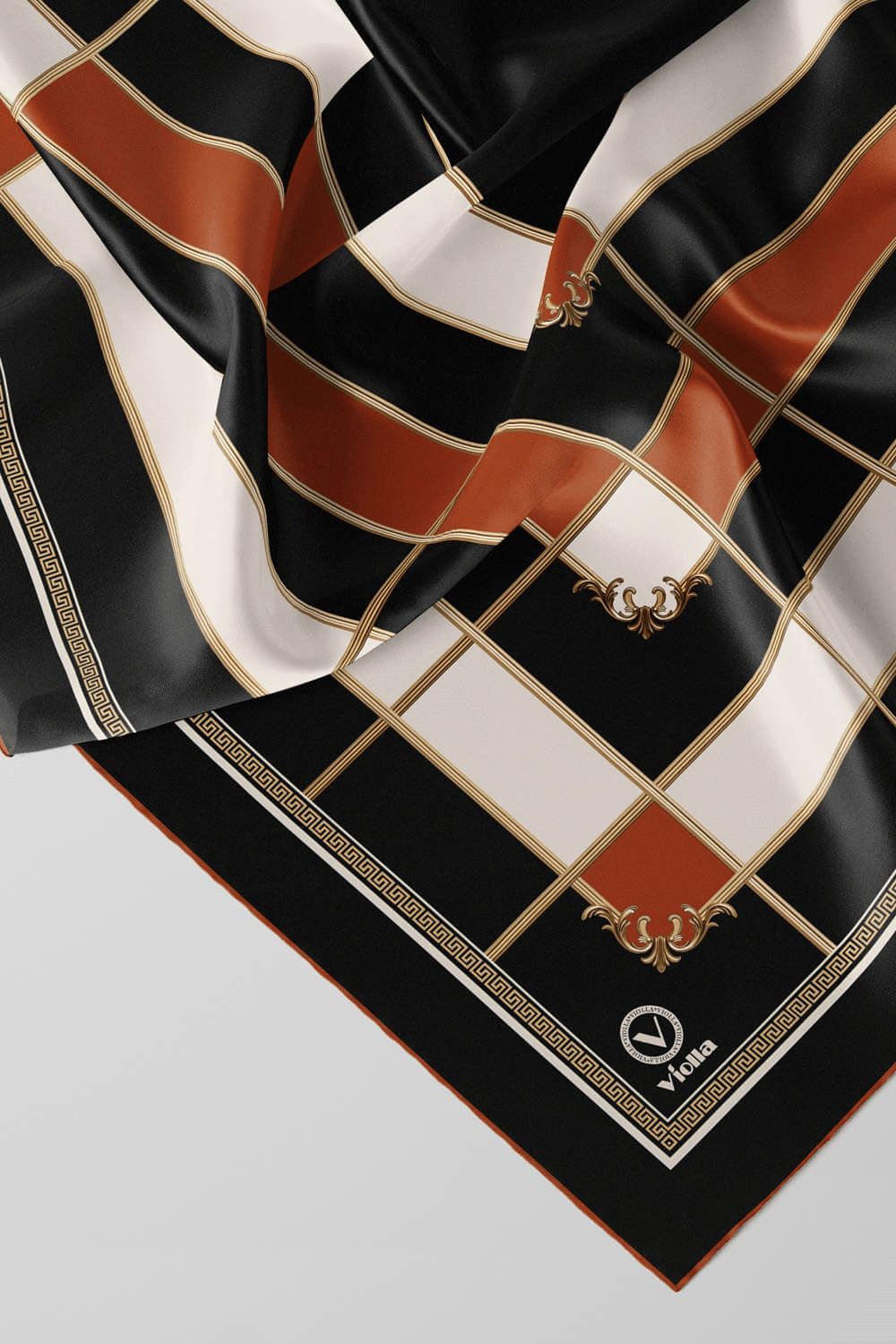 Twill Gold Detaylı Kareli Desenli Taba Renkli 90x90 Eşarp (İpek İçermez) Kenar Dikiş Şekli El Dikişli
