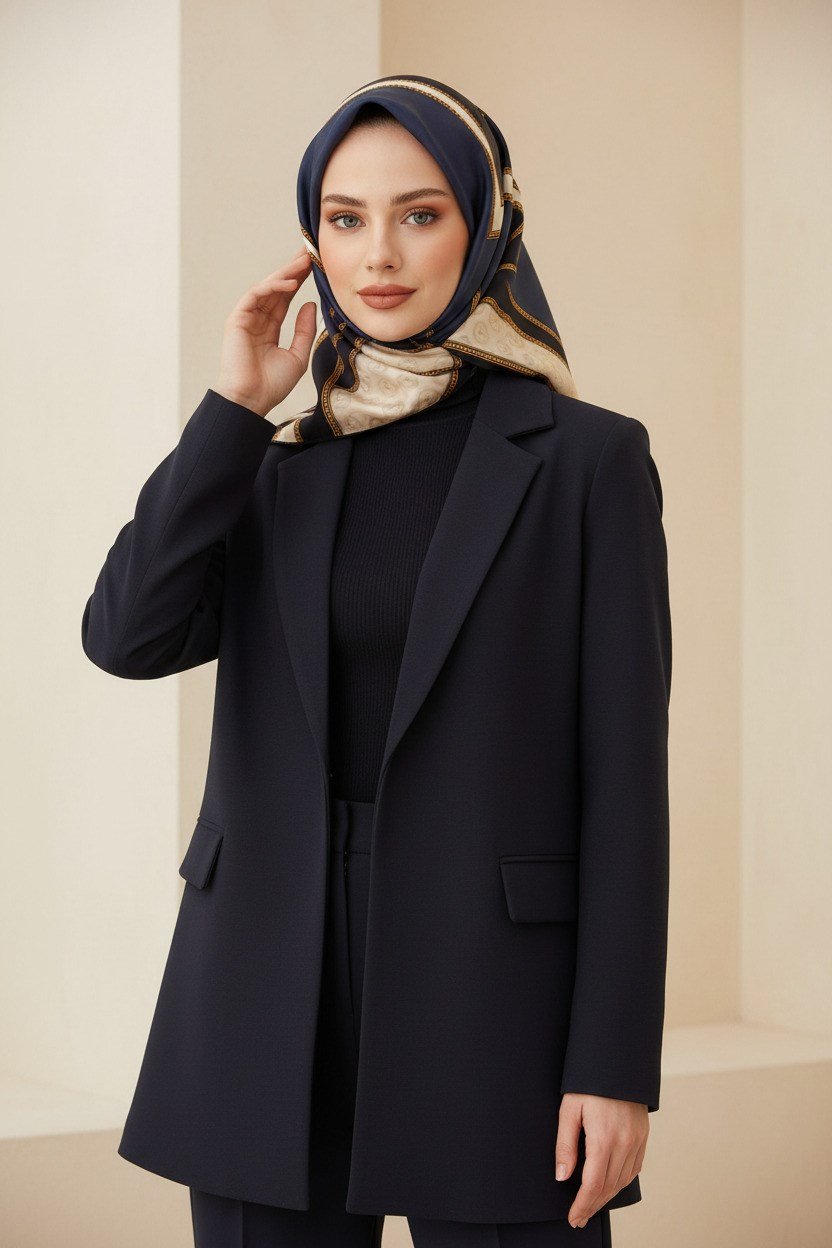 %100 Twill İpek Monogram ve Barok Desenli Lacivert - İndigo Renkli 90x90 Eşarp Dikim Şekli : El Dikişi