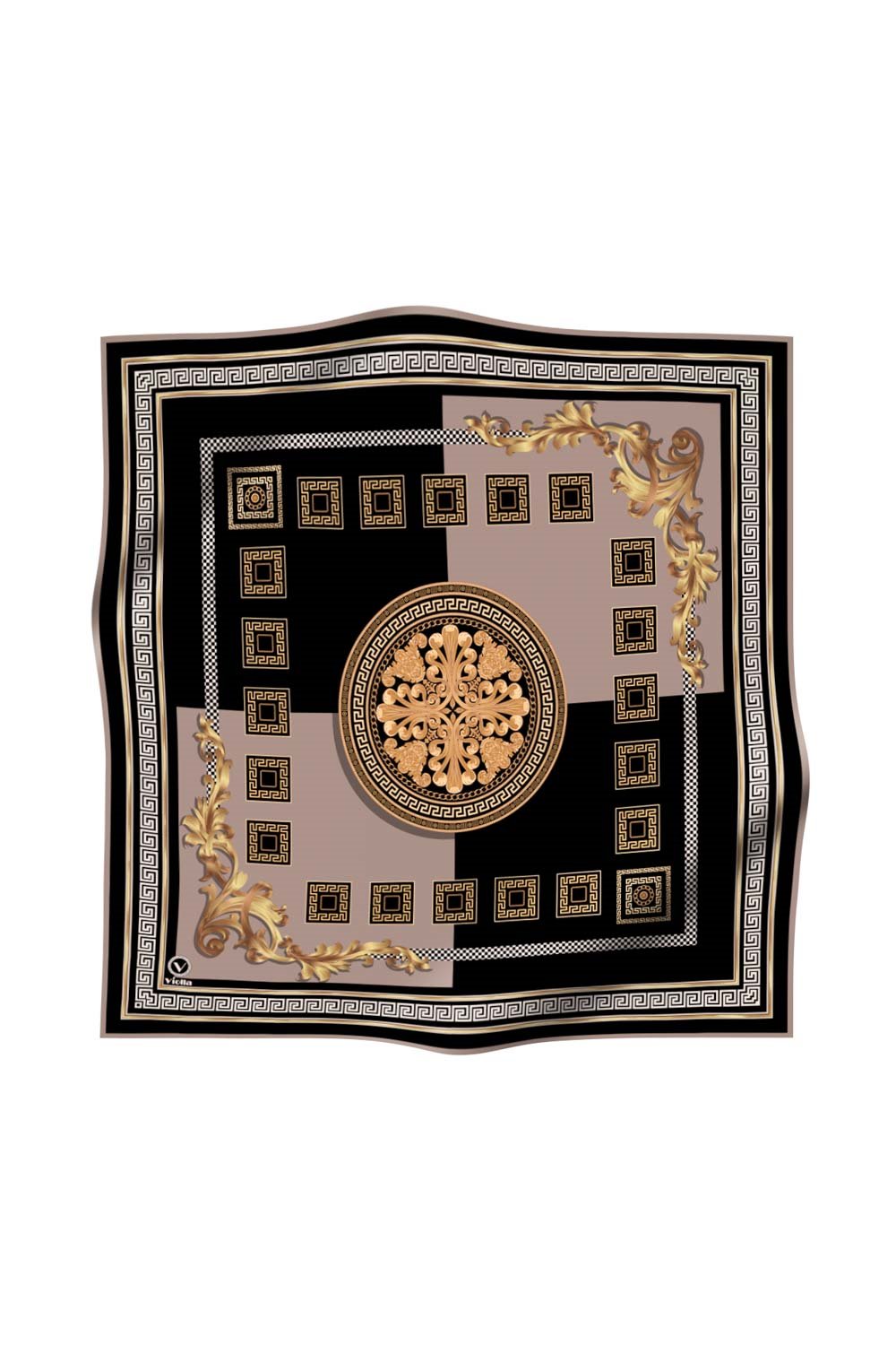 Twill Barok Desenli Bej Renkli 90x90 Eşarp (İpek İçermez) Kenar Dikiş Şekli El Dikişli