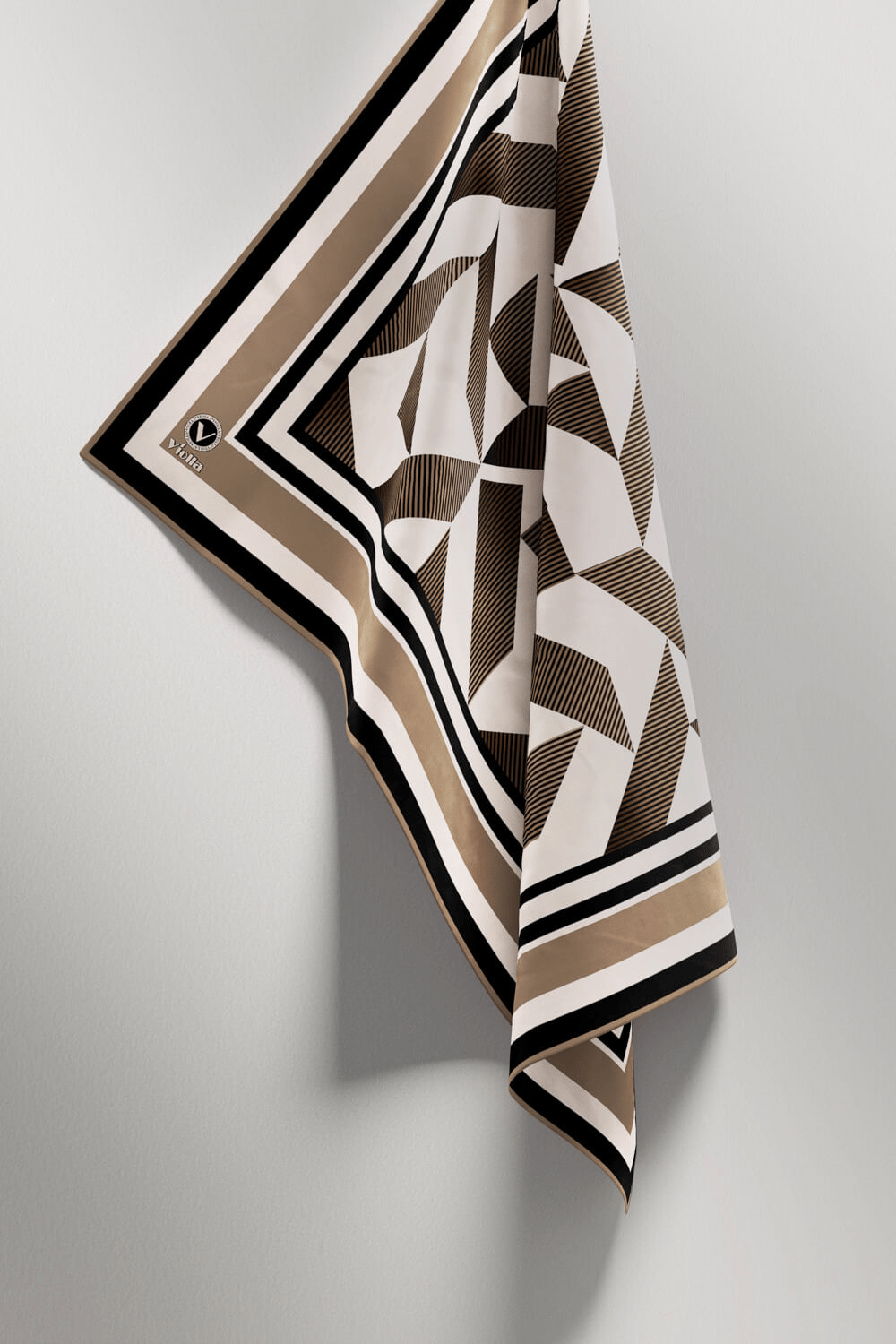 Twill Geometrik Desenli Bej Renkli 90x90 Eşarp (İpek İçermez) Kenar Dikiş Şekli El Dikişli