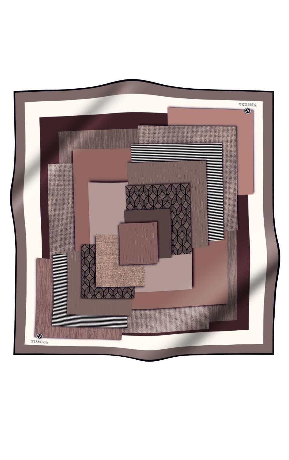 %100 Twill İpek Geometrik Desenli Bakır - Bej Renkli 90x90 Eşarp Dikim Şekli : El Dikişi