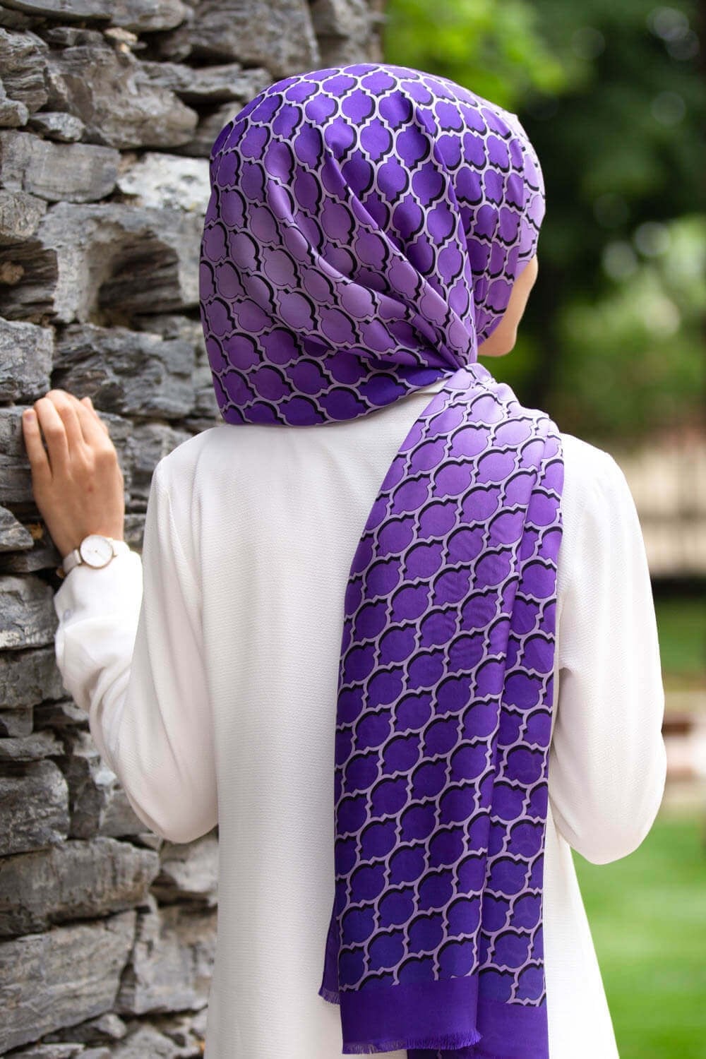 %100 İpek Petek Desenli Mor - Lila Renkli 92x210 Şal