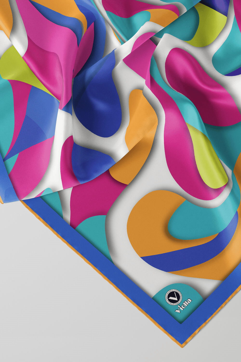 Twill Soyut Geometrik Desenli Buz Mavisi - Sarı Renkli 90x90 Eşarp (İpek İçermez) Dikim Şekli : El Dikişi