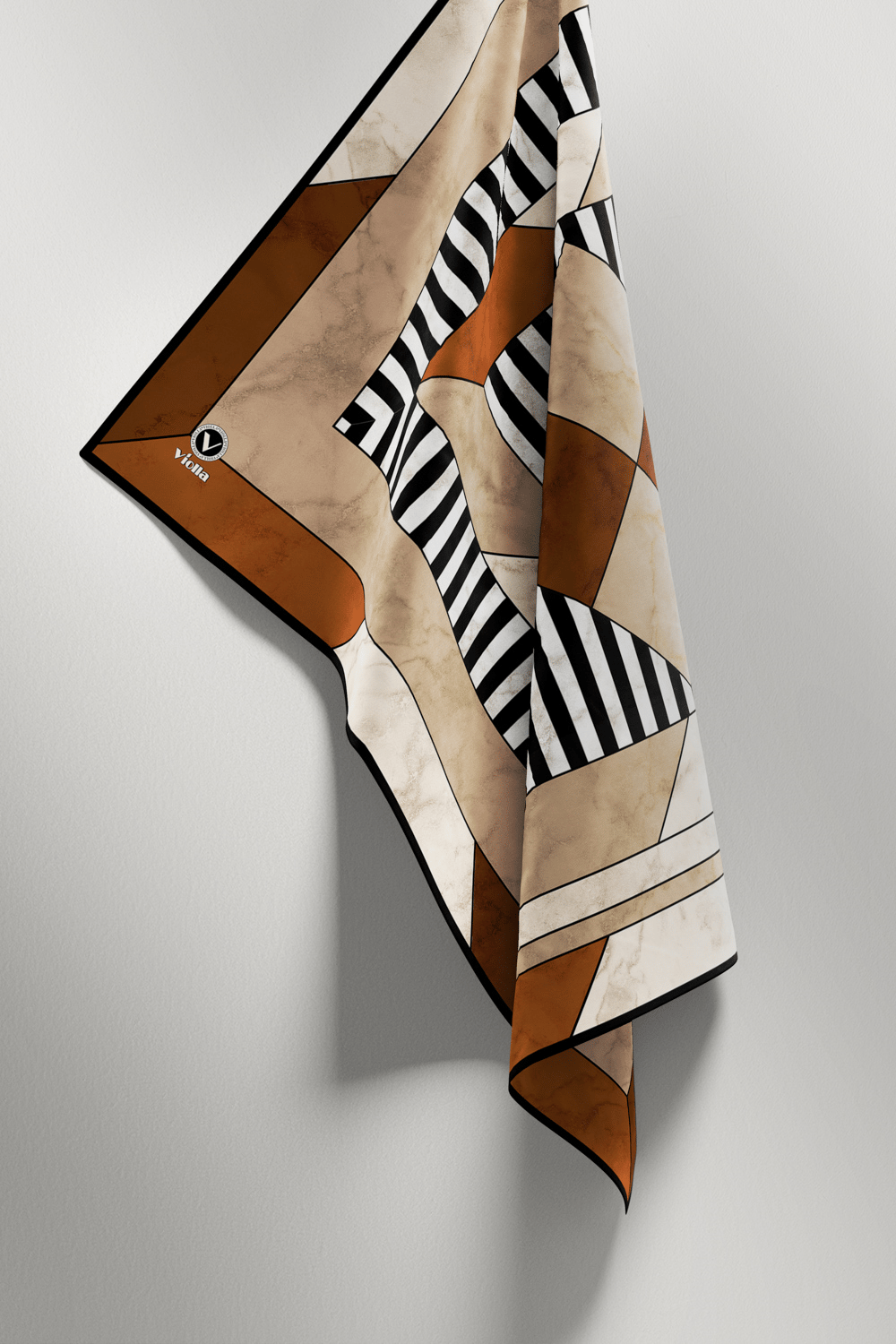 Twill Çizgili Geometrik Mermer Desenli Taba Renkli 90x90 Eşarp (İpek İçermez) Kenar Dikiş Şekli El Dikişli