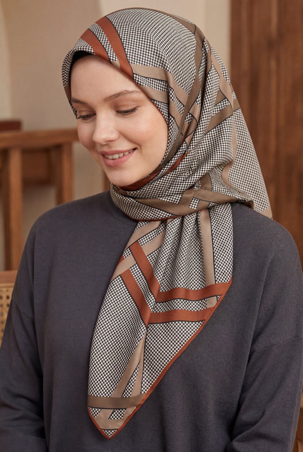 Twill Çizgili Pötikareli Çizgili Desenli Taba Renkli 90x90 Eşarp (İpek İçermez)