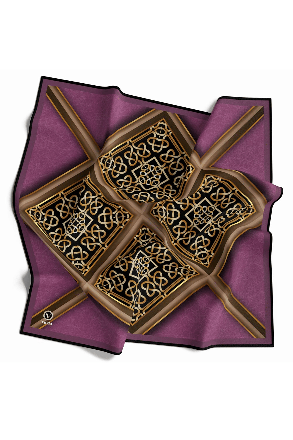 Twill Gold Çerçeveli Barok Desenli Mürdüm Renkli 90x90 Eşarp (İpek İçermez) Kenar Dikiş Şekli El Dikişli