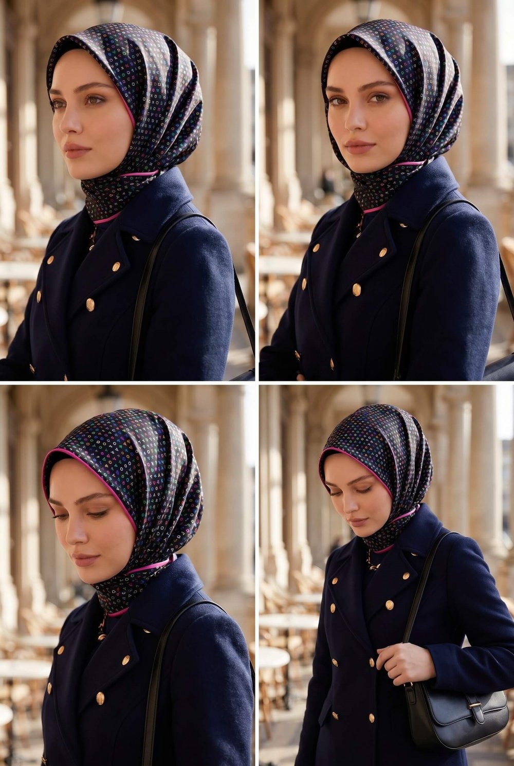 %100 Twill İpek Çıtır Motif Desenli Siyah - Fuşya Renkli 90x90 Eşarp Dikim Şekli : El Dikişi