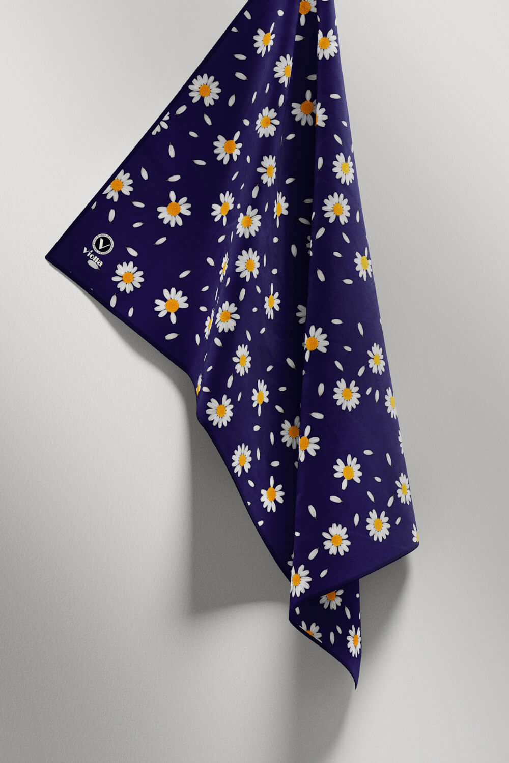 Twill Papatya Desenli Lacivert Renkli 90x90 Eşarp (İpek İçermez) Kenar Dikiş Şekli El Dikişli