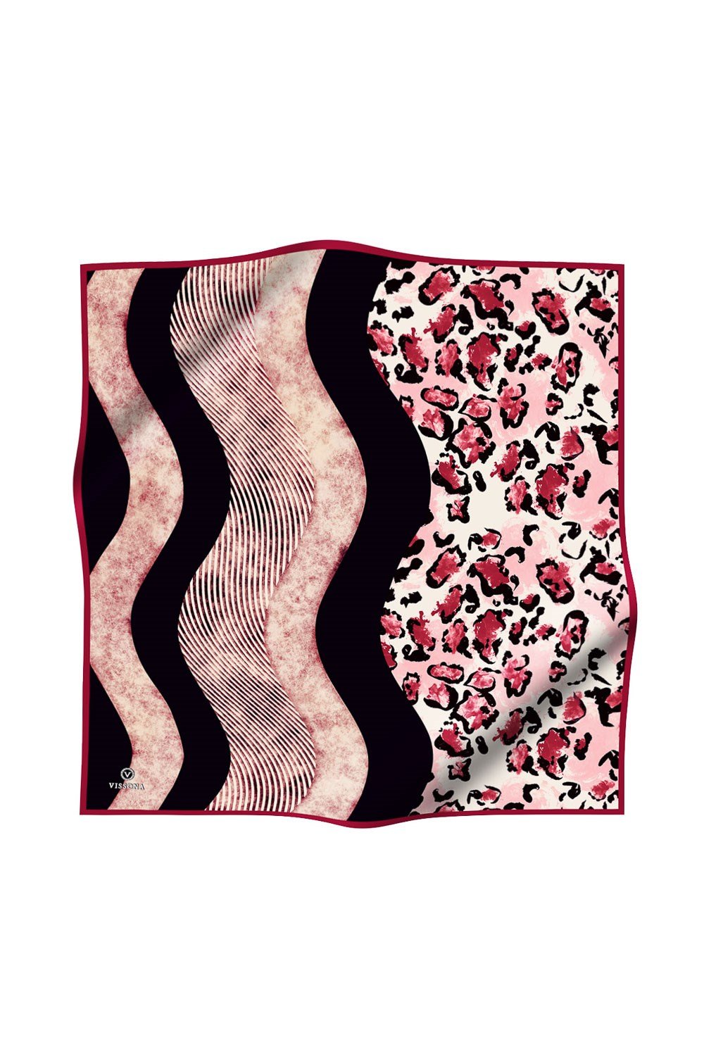 %100 Twill İpek Leopar Ve Geometrik Desenli Bordo Renkli 90x90 Eşarp Dikim Şekli : El Dikişi