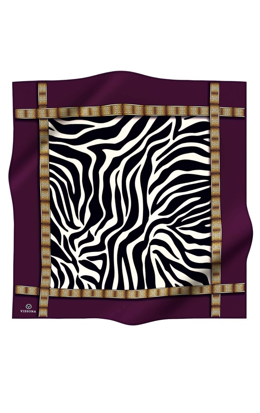 %100 Twill İpek Zebra Desenli Mürdüm - Gold Renkli 90x90 Eşarp Dikim Şekli : El Dikişi
