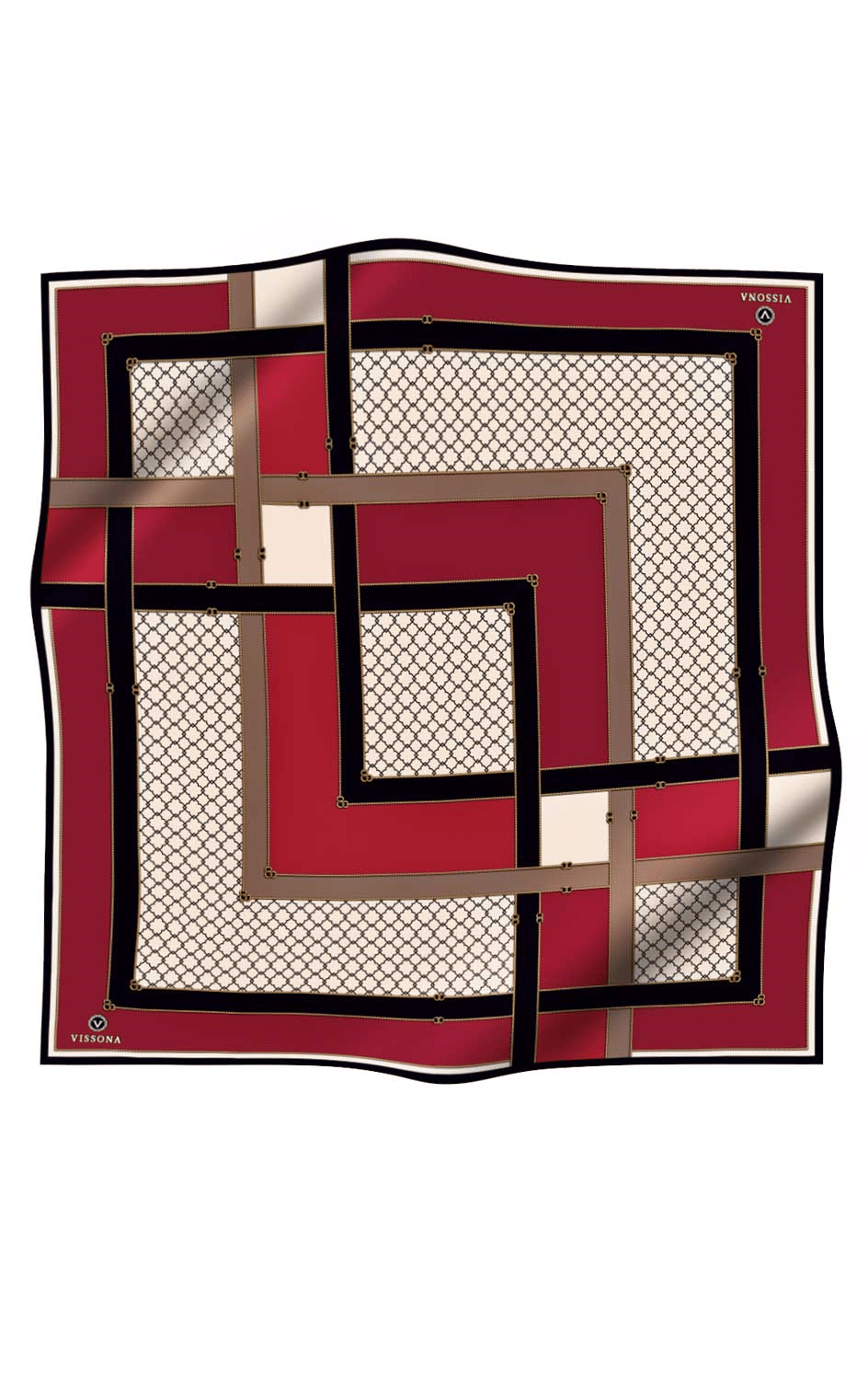 %100 Twill İpek Geometrik Desenli Bordo - Siyah Renkli 90x90 Eşarp Dikim Şekli : El Dikişi