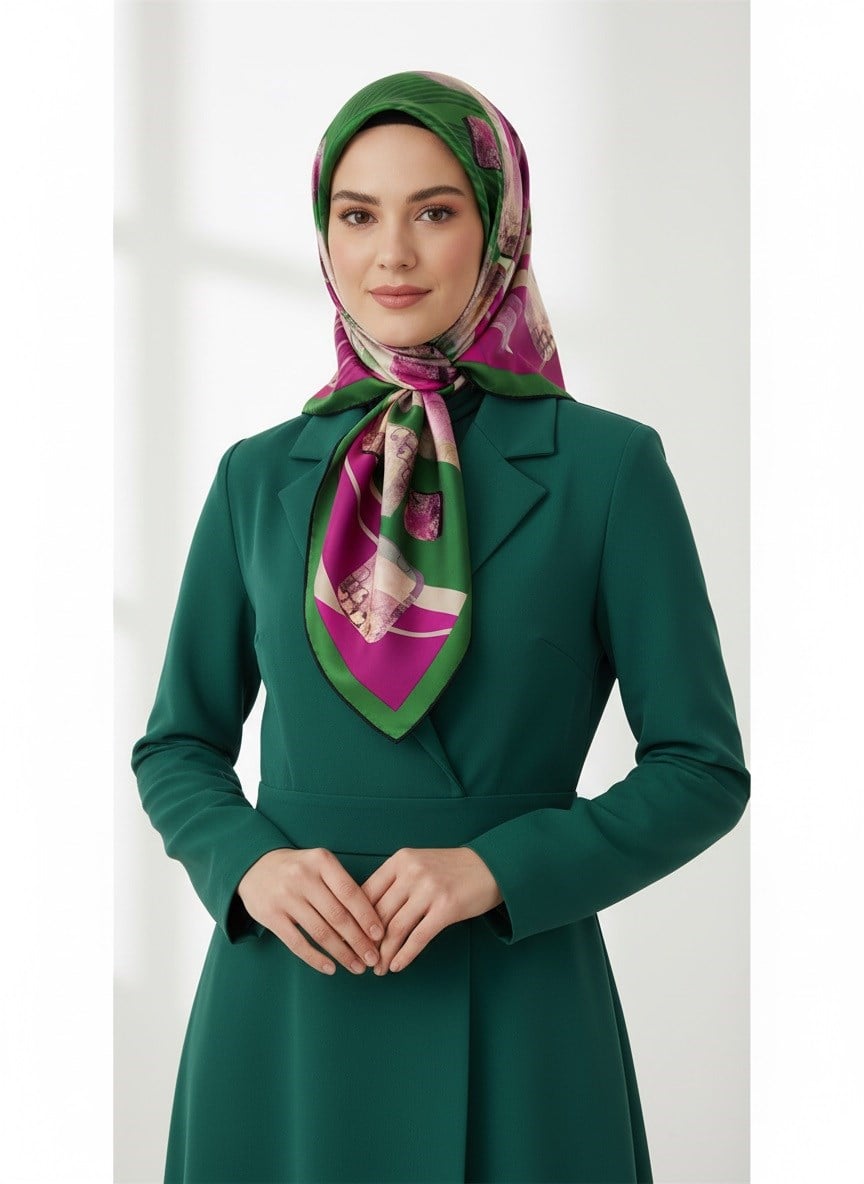 %100 Twill İpek Geometrik Desenli Zümrüt Yeşili - Fuşya Renkli 90x90 Eşarp Dikim Şekli : El Dikişi