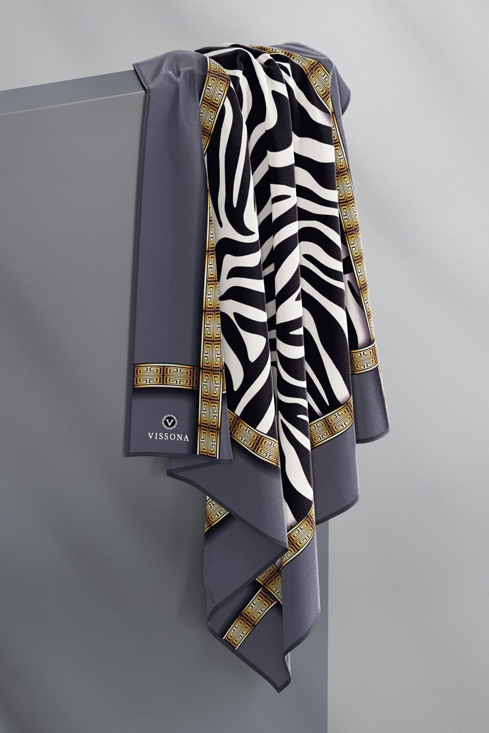 % 57 İPEK % 43 VİSKON Twill İpek Zebra Desenli Gri - Gold Renkli 90x90 Eşarp Dikim Şekli : El Dikişi