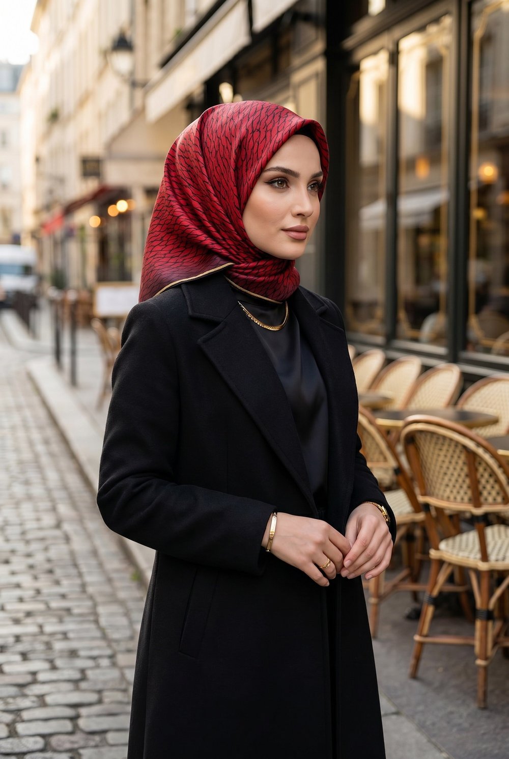 %100 Twill İpek File Desenli Kırmızı - Siyah Renkli 90x90 Eşarp Dikim Şekli : El Dikişi