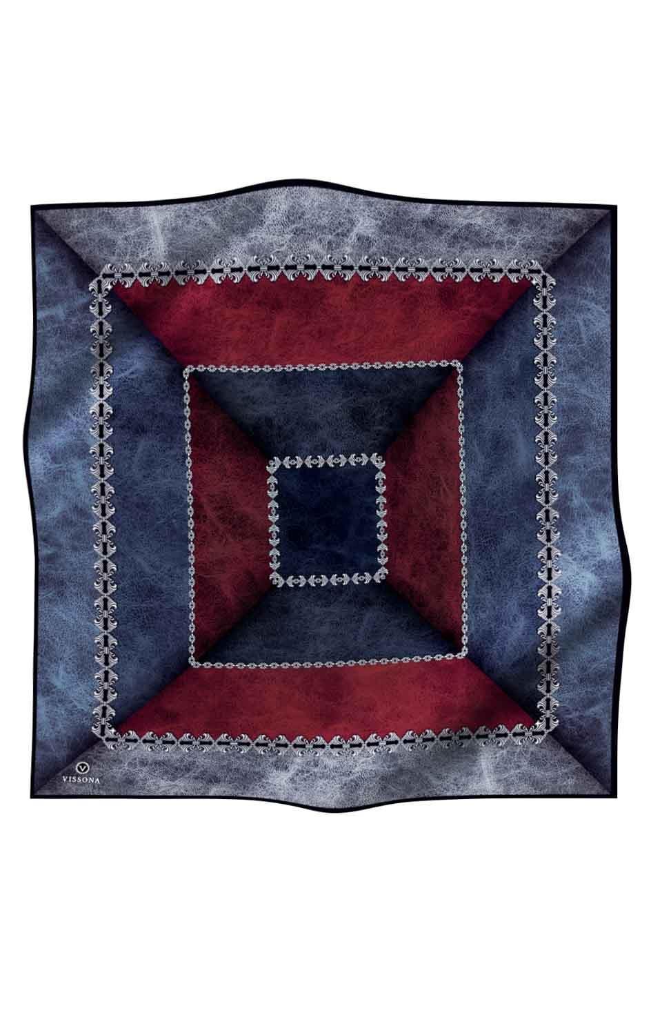 %100 Twill İpek Geometrik Desenli İndigo - Bordo Renkli 90x90 Eşarp Dikim Şekli : El Dikişi