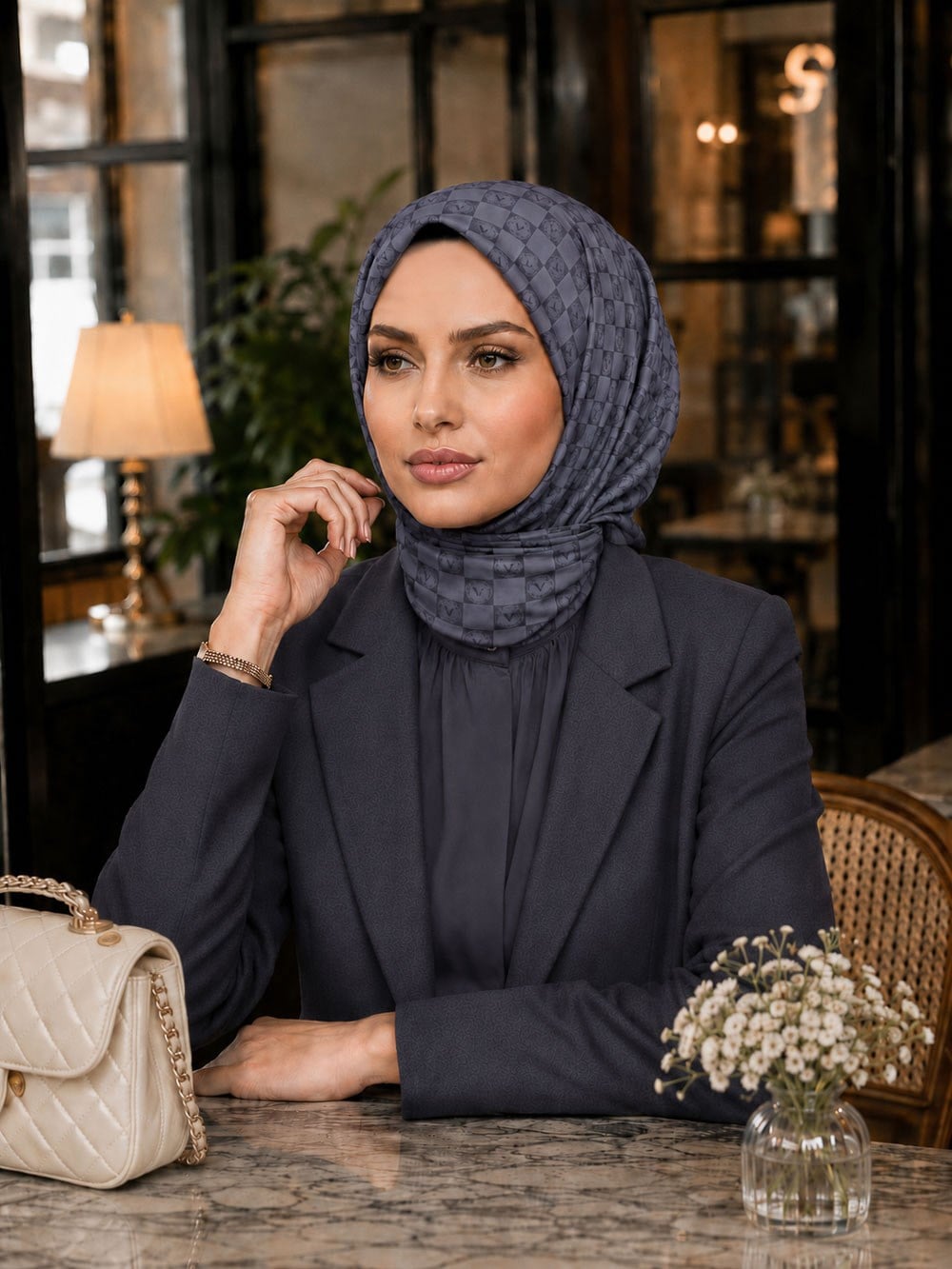 % 57 İPEK % 43 VİSKON Twill İpek Monogram Desenli Gri Renkli 90x90 Eşarp Dikim Şekli : El Dikişi