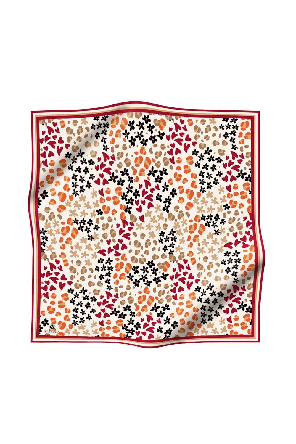 %100 Twill İpek Kalpli Leopar Desenli Krem - Bordo Renkli 90x90 Eşarp Dikim Şekli : El Dikişi