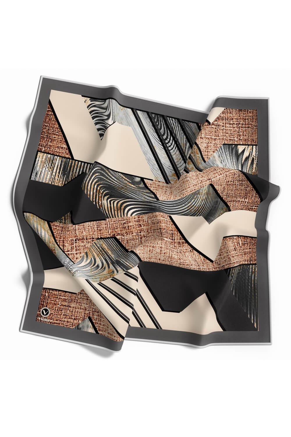 Twill Dalgalı Geometrik Desenli Gri Renkli 90x90 Eşarp (İpek İçermez) Kenar Dikiş Şekli El Dikişli