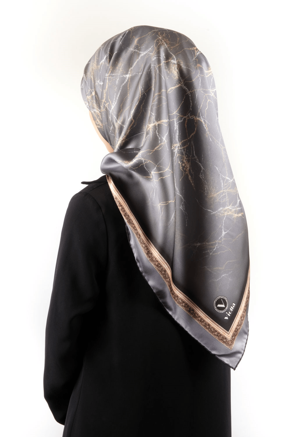 Twill Barok Çerçeveli Mermer Desenli Gri Renkli 90x90 Eşarp (İpek İçermez) Kenar Dikiş Şekli El Dikişli