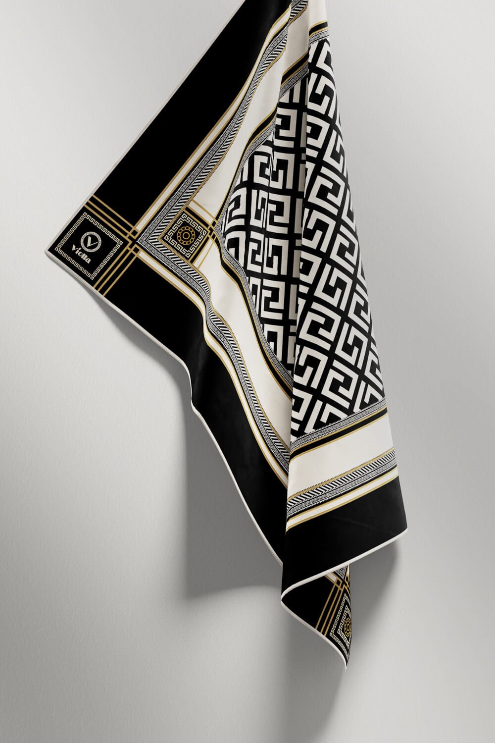 Twill Antik Desenli Siyah - Krem Renkli 90x90 Eşarp (İpek İçermez) Kenar Dikiş Şekli El Dikişli