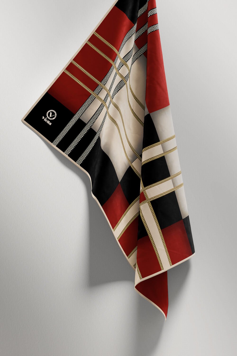 Twill Geometrik Desenli Siyah - Bordo Renkli 90x90 Eşarp (İpek İçermez) Kenar Dikiş Şekli El Dikişli
