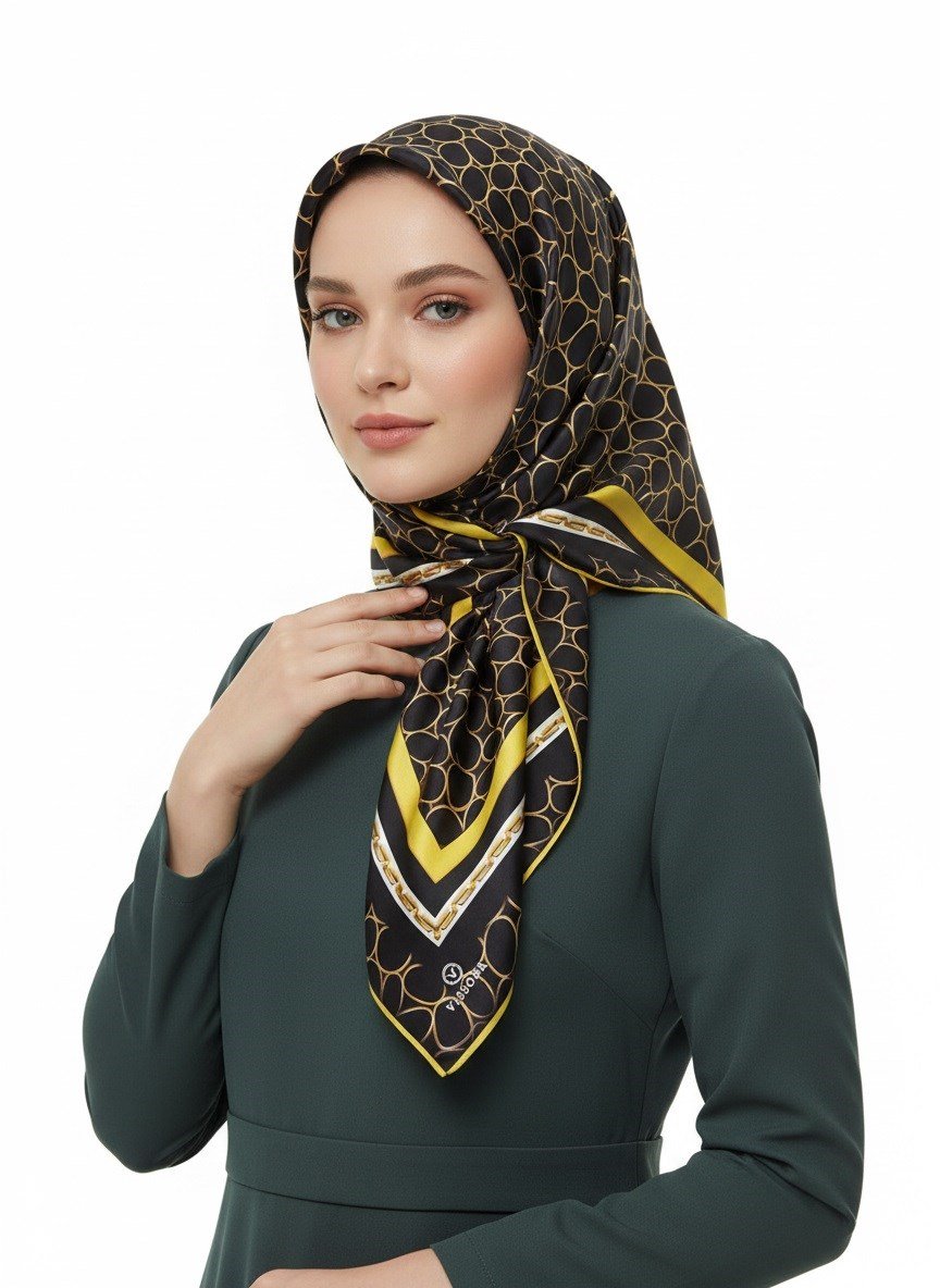 %100 Twill İpek Zincir Desenli Siyah - Limon Sarısı Renkli 90x90 Eşarp Kenar Dikiş Şekli El Dikişli